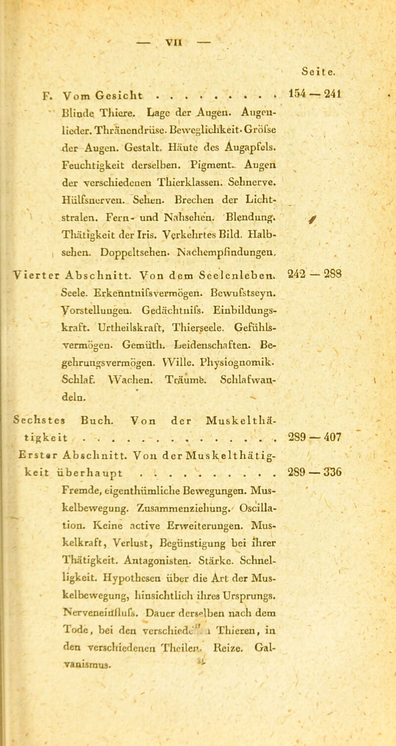 F. Vom Gesicht Blinde Thicre. Lage der Augen. Augen- lieder. Thränendrüsc. Beweglichkeit- Gröfse der Augen. Gestalt. Häute des Augapfels. Feuchtigkeit derselben. Pigment.. Augen der verschiedenen Thierklassen. Sehnerve. Hiilfsnervcn. Sehen. Brechen der Licht- stralen. Fern- und Nahsehen. Blendung. Tliätigkeit der Iris. Verkehrtes Bild. Halb- sehen. Doppeltsehen. Nachempfindungen. Vierter Abschnitt. Von dem Seelenleben. Seele. Erkenntnifsvermögen. Bcwufstseyn. Vorstellungen. Gedächtnifs. Einbildungs- kraft. Urtheilskraft, Thierseele. Gefühls- vermögen. Gemütli. Leidenschaften. Be- gehrungsvermögen. Wille. Physiognomik. Schlaf. Wachen. Träumfe. Schlafwan- deln. ~~ Sechstes Buch. Von der Muskelthä- tigkeit Erster Abschnitt. Von der Muskelthätig- keit überhaupt . . . Fremde, eigenthiimliche Bewegungen. Mus- kelbewegung. Zusammenziehung. Oscilla- tion. Keine active Erweiterungen. Mus- kelkraft, Verlust, Begünstigung bei ihrer Thätigkcit. Antagonisten. Stärke. Schnel- ligkeit. Hypothesen über die Art der Mus- kelbewegung, hinsichtlich ihres Ursprungs. Nerveneirtflufs. Dauer derselben nach dem lode, bei den verschiede1' .1 Thicren, in den verschiedenen Thcilen. Reize. Gal- ii Seite. 154 — 241 / 242 - 28S 289 — 407 289 — 336 vamsmus.