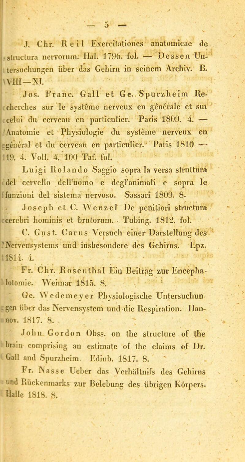 J. dir. Keil Exercilatioiies nnalomicae de slructura nervoruin: Ilal. 1796. i'ol. — Dessen Un- tersuchungen über das Gehirn in seinem Archiv. B. VIII—XI. Jos. Franc. Gail et Ge. Spurzheim Re- chcvches sur le Systeme nerveux en generale et sux celui du cerveau en particulier. Paris 1809. 4. — Anatomie et Physiologie du Systeme nerveux en :general et du cervcau en particulier.' Paris 1810 — : 19. 4. Voll. 4. 100 Taf. fol. Luigi Rolando Saggio sopra la versa strultura del ccrvello dell’uoino e degl’animal! e sopra le funzioni del sistema nervoso. Sassari 1S09. 8. Joseph el C. Wenzel De penitiori structura cerebri hominis et brntorum. Tubing. 1812. fol. C. Gust. Car us Versuch einer Darstellung des 'Nervensystems und insbesondere des Gehirns. Lpz. 1814.4. ' • • Fr. Chr. Rosenthal Ein Beitrag zur Encepha- lolomie. Weimar 1815. 8. Ge. Wedemeyer Physiologische Untersuchung > gen über das Nervensystem und die Respiration. Han- nov. 1817. 8. John Gordon Obss. on the struclure of the brain comprising an eslimatc of the claiins of Dr. Gail and Spurzheim. Edinh. 1S17. 8. I r. Nasse Ucber das Verhältnifs des Gehirns 1 Rückenmarks zur Belebung des übrigen Körpers. Halle 1818. 8.