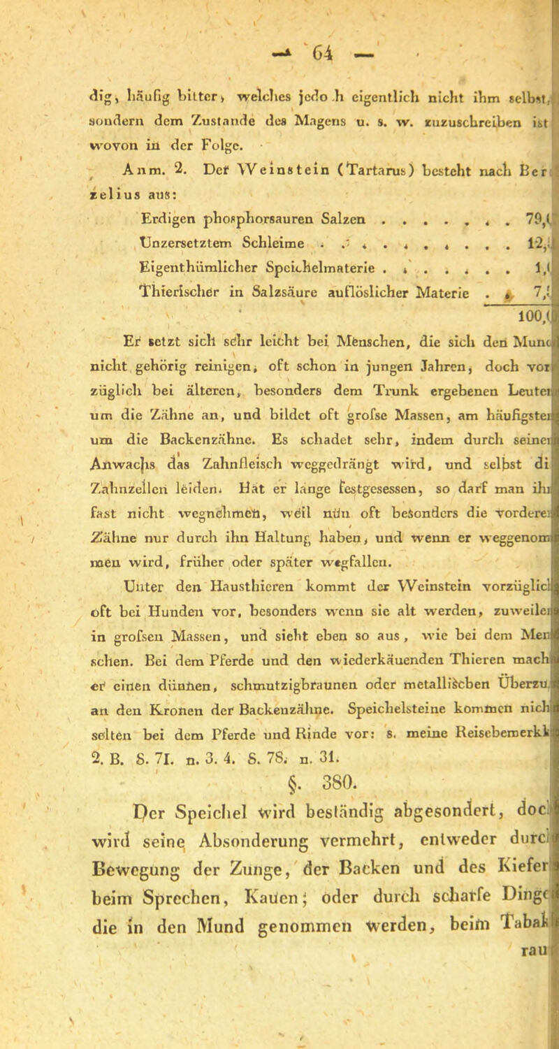 dig, häufig bitter> welches jedo h eigentlich nicht ihm selbst,j[] sondern dem Zustande des Magens u. s. w. zuzuscbreiben ist wovon in der Folge. Anm. 2. Der Weinstein (Tartarus) besteht nach Ber i zelius aus: Erdigen phosphorsauren Salzen . 79,(7 TJnzersetztem Schleime 12,il Eigenthiimlicher Speichelmaterie . l,lj Thierischer in Salzsäure auflöslicher Materie . » 7(!J * Töö^ Er setzt sich sehr leicht bei Menschen, die sich den Munc nicht gehörig reinigen* oft schon in jungen Jahren, doch vor ziiglich bei älteren, besonders dem Trunk ergebenen Leuten um die Zähne an, und bildet oft grofse Massen, am häufigstei um die Backenzähne. Es schadet sehr, indem durch seinei Anwacjis das Zahnfleisch weggedrängt wird, und selbst di Zähnzellcn leiden* Hat er lange festgesessen, so darf man iln fast nicht wegnehmett, wöil nün oft besonders die vorderei .Zähne nur durch ihn Haltung haben, und wenn er vveggenom men wird, früher oder später Wegfällen. Unter den Häusthieren kommt der Weinstein vorzüglicl oft bei Hunden vor, besonders wenn sie alt werden, zuweilei in grofsen Massen, und sieht eben so aus , wie bei dem Men sehen. Bei dem Pferde und den wiederkäuenden Thieren mach er einen dünnen, schmutzigbraunen oder metallischen Uberzu, an den Kronen der Backenzähne. Speichelsteine kommen nich selten bei dem Pferde und Rinde vor: s. meine Reiseberoerkk 2. B. 8. 71. n. 3. 4. S. 78. n. 31. §. 3S0. I)cr Speichel Vvirtl beständig abgesondert, doc;> wird seine: Absonderung vermehrt, entweder durci Bewegung der Zunge, der Backen und des Kiefer beim Sprechen, Kaiien j oder durch scharfe Dingt die in den Mund genommen iverden, beim Tabali . ' rau a