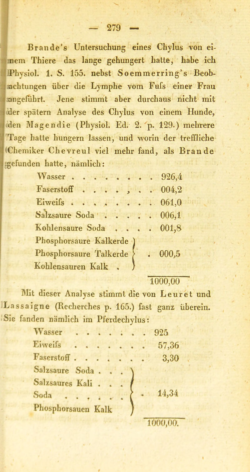 Br an de’s Untersuchung eines Chylus von ei- nem Thiere das lange gehungert hatte, habe ich jlPhysiol. 1. S. 155. nebst Soemmerring’s Beob- achtungen über die Lymphe vom Fufs einer Frau I angeführt. Jene stimmt aber durchaus nicht mit der spätem Analyse des Chylus von einem Hunde, den Magendie (Physiol. Ed. 2. p. 129.) mehrere Tage hatte hungern lassen, und worin der treffliche tChemiker Che vre ul viel mehr fand, als Brande gefunden hatte, nämlich: Wasser 926,4 Faserstoff ....... 004,2 Eiweifs 061,0 Salzsaure Soda 006,1 Kohlensäure Soda .... 001,8 Phosphorsaure Kalkerde ) Phosphorsaure Talkerde > . 000,5 Kohlensäuren Kalk , ) 1000,00 Mit dieser Analyse stimmt die von Leuret und Lassaigne (Recherches p. 165.) fast ganz überein. Sie fanden nämlich im Pferdechylus: Wasser . . . . . Eiweifs . . . . . Faserstoff ..... Salzsaure Soda . . . Salzsaures Kali . . . Soda ....... Phosphorsauen Kalk 925 57,36 3,30 . 14,34 1000,00.