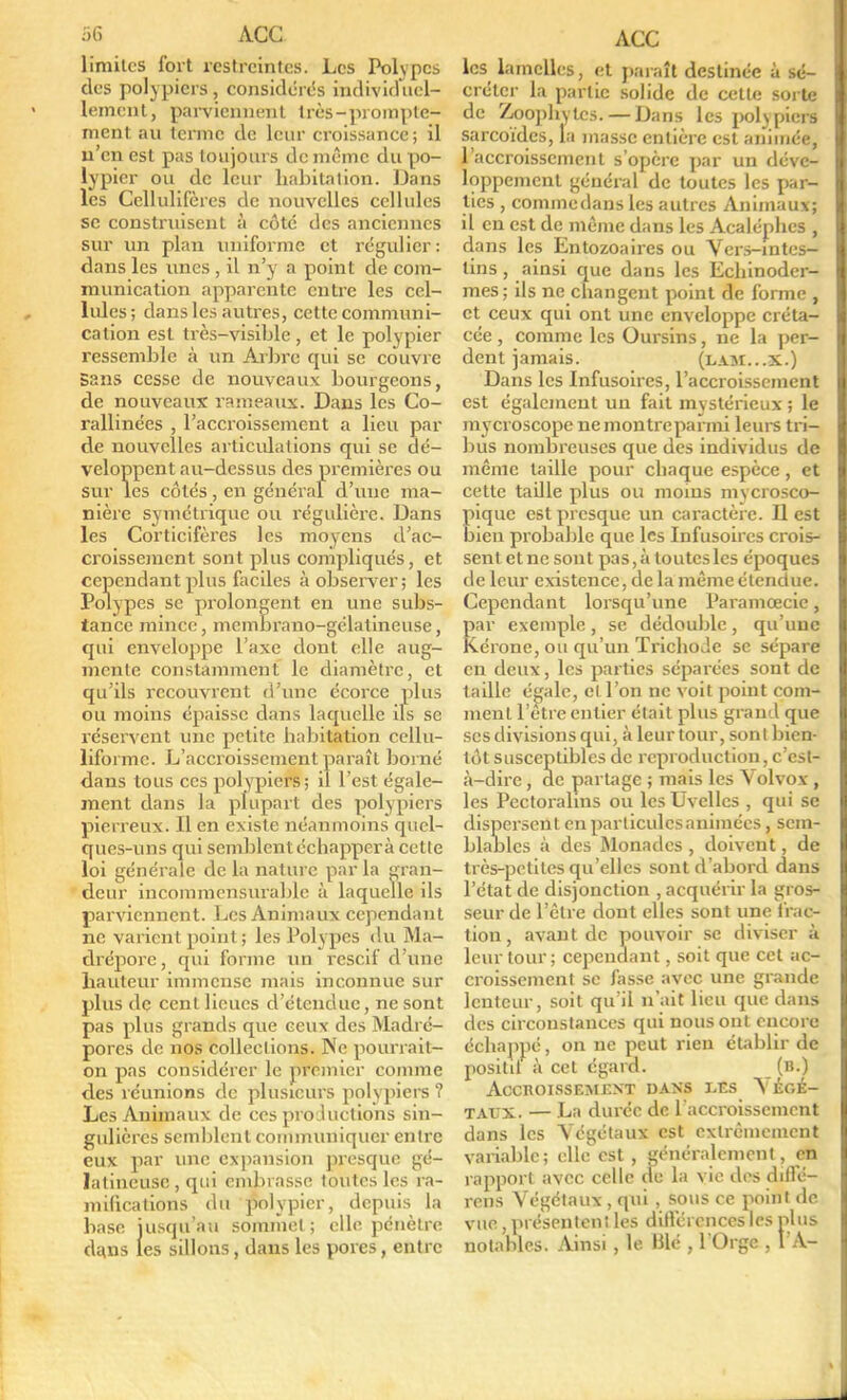 limites fort restreintes. Les Polypes des polypiers, considérés individuel- lement, parviennent très-prompte- ment au terme de leur croissance; il n’en est pas toujours de meme du po- lypier ou de leur habitation. Dans les Cellulifères de nouvelles cellules se construisent à côté des anciennes sur un plan uniforme et régulier : dans les unes, il n’y a point de com- munication apparente entre les cel- lules ; dans les autres, cette communi- cation est très-visible, et le polypier l'essemble à un Arbre qui se couvre Sans cesse de nouveaux bourgeons, de nouveaux rameaux. Dans les Co- mbinées , l’accroissement a lieu par de nouvelles articulations qui se dé- veloppent au-dessus des premières ou sur les côtés, en général d’une ma- nière symétrique ou régulière. Dans les Corticifères les moyens d’ac- croissement sont plus compliqués, et cependant plus faciles à observer ; les Polypes se prolongent en une subs- tance mince, membrano-gélatineuse, qui enveloppe l’axe dont elle aug- mente constamment le diamètre, et qu’ils recouvrent d’une écorce plus ou moins épaisse dans laquelle ils se réservent une petite habitation cellu- liforme. L’accroissement paraît borné dans tous ces polypiers; il l’est égale- ment dans la plupart des polypiers pierreux. Il en existe néanmoins quel- ques-uns qui semblent échappera cette loi générale de la nature par la gran- deur incommensurable à laquelle ils parviennent. Les Animaux cependant ne varient point ; les Polypes du Ma- drépore, qui forme un rescif d’une hauteur immense mais inconnue sur plus de cent lieues d’étendue, ne sont pas plus grands que ceux des Madré- pores de nos collections. Ne pourrait- on pas considérer le premier comme des réunions de plusieurs polypiers ? Les Animaux de ces productions sin- gulières semblent communiquer entre eux par une expansion presque gé- latineuse , qui embrasse toutes les ra- mifications du polypier, depuis la base jusqu’au sommet; elle pénètre dans les sillons, dans les pores, entre ACC les lamelles, et paraît destinée à sé- créter la partie solide de celle sorte de Zoophvtes. — Dans les polypiers sarcoïdcs, la masse entière est animée, l’accroissement s’opère par un déve- loppement général de toutes les par- ties , commedans les autres Animaux; il en est de même dans les Acaléphes , dans les Entozoaires ou Vers-intes- tins, ainsi que dans les Ecliinoder- mes; ils ne changent point de forme , et ceux qui ont une enveloppe créta- cée , comme les Oursins, ne la per- dent jamais. (lam...x.) Dans les Infusoires, l’accroissement est également un fait mystérieux ; le mycroscope nemontreparmi leurs tri- bus nombreuses que des individus de môme taille pour chaque espèce, et cette taille plus ou moins mycrosco- pique est presque un caractère. Il est bien probable que les Infusoires crois- sent et ne sont pas, à toutes les époques de leur existence, de la même étendue. Cependant lorsqu’une Paramœcie, par exemple, se dédouble, qu’une Kérone, ou qu’un Tricliode se sépare en deux, les parties séparées sont de taille égale, et l’on ne voit point com- ment l’être entier était plus grand que ses divisions qui, à leur tour, sont bien- tôt susceptibles de reproduction, c’est- à-dire , de partage ; mais les Volvox , les Pectoralms ou les Uvclles , qui se dispersent en particules animées, sem- blables à des Monades , doivent, de très-petites qu’elles sont d’abord dans l’état de disjonction , acquérir la gros- seur de l’être dont elles sont une frac- tion , avant de pouvoir se diviser à leur tour ; cependant, soit que cet ac- croissement se fasse avec une grande lenteur, soit qu’il n’ait lieu que dans des circonstances qui nous ont encore échappé, on ne peut rien établir de positil à cet égard. (b.) Accroissement dans j.es Végé- taux. — La durée de l'accroissement dans les Végétaux est extrêmement variable; elle est , généralement, en rapport avec celle de la vie des difl'é- rens Végétaux, qui , sous ce point de vue, présentent les différences les plus notables. Ainsi , le blé , 1 Orge , I A-