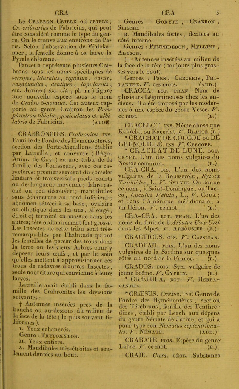 Le Crabron Crible ou criblé, Cr. cribrarius de Fabricius, qui peut être considéré comme le type du gen- re. On le trouve aux environs de Pa- ris. Selon l’observation de Walcke- nacr , la femelle donne à sa larve la Pyrale chlorane. Panzer a représenté plusieurs Cra- brons squs les noms spécifiques de serripes , lituratus, signa/us , parus, vagabundus , dentipes , lapidarius , etc. Jurine ( /oc. cit. , pl. 11 ) figure une nouvelle espèce sous le nom de Crabro 5-no/a/us. Cet auteur rap- porte au genre Crabron les Pe/n- phredron tibialis,genicula/us et albï- labris de Fabricius. (aud*) CRABROINITES. Crabronites. ins. Famille de l’ordre des Hyménoptères, section des Porte-Aiguillons, établie par Lalreille , et convertie ( Règn. Anim. de Cuv. ) en une tribu de la famille des Fouisseurs, avec ces ca- ractères : premier segment du corselet linéaire et transversal; pieds courts ou de longueur moyenne; labre ca- ché ou peu découvert; mandibules sans échancrure au bord inférieur ; abdomen rétréci à sa base, ovalaire ou elliptique dans les uns, allongé, étroit eÇ terminé en massue dans les autres; tête ordinairement fort grosse. Les Insectes de cette tribu sont très- remarquables par l’habitude qu’ont les femelles de percer des trous dans la terre ou les vieux Arbres pour y déposer leurs œufs , et par le soin qu’elles mettent à approvisionner ces trous de cadavres d’autres Insectes , seule nourriture qui convienne à leurs larves. Latreillc avait établi dans la fa- mille des Crabronites les divisions suivantes : t Antennes insérées près de la bouche ou au-dessous du milieu de la face de la tète ( le plus souvent fi- liformes ). i- ^eux échancrés. Genre : Trypoxylon. ii. Yeux entiers. a. Mandibules très-étroites et seu- lement dentées au bout. Genres : Goryte , Crabron , Stigme. b. Mandibules fortes, dentées au côté interne. Genres : Pemphredon, Melline , Alyson. ff Antennes insérées au milieu de la face de la tête ( toujours plus gros- ses vers le bout). Genres : Psen , Cerceris , Pm- lanthe. V. ces mots. (aud.) CRACCA. bot. phan. Nom de plusieurs Légumineuses chez les an- ciens. Il a été imposé par les moder- nes à une espèce du genre Yesce. V. ce mot. (b.) CRACELOT. ins. Même chose que Kakrelat ou Kacerlat. V. Blatte, (b.) * CRACHAT, DE COUCOU ou DE GRENOUILLE, ins. V. Cercope. * CRACHAT DE LUNE. bot. crypt. L’un des noms vulgaires du Nostoc commun. (b.) CPlA-CRA. ois. L’un des noms vulgaires de la Rousserole , SyLvia Turdoïdes, L. V. Sylvie. On doune ce nom , à Saint-Domingue, auTac- co , Cuculus Vetula, L., P. Cou a ; et dans l’Amérique méridionale, à un Héron. F. ce mot. (b.) CRA-CRA. bot. piian. L’un des noms du fruit de 1' Aibutus Uua-Ursi dans les Alpes. V. Arbousier, (b.) CRACTICUS. ois. Cassican. CRADE AU. pois. L’un des noms vulgaires de la Sardine sur quelques côtes du nord de la France. (b.) CRADOS. pois. Syn. vulgaire de jeune Brême. V. Cyprin. (b.) * CRÆPULA. bot. Herpa- GANTHA. * CRÆSUS. Crœsus. ins. Genre de l’ordre des Hyménoptères , section des Térébrans, famille des Tentiiré-' dines, établi par Leach aux dépens du genre Némale de Jurine, et qui a pour type son Nema/us seplentriona- /is. V. Némate. (aud.) CRAIIATE. pois. Espèce du genre' Labre. V. ce mot. (b.) CRAIE. Creta. géol. Substance