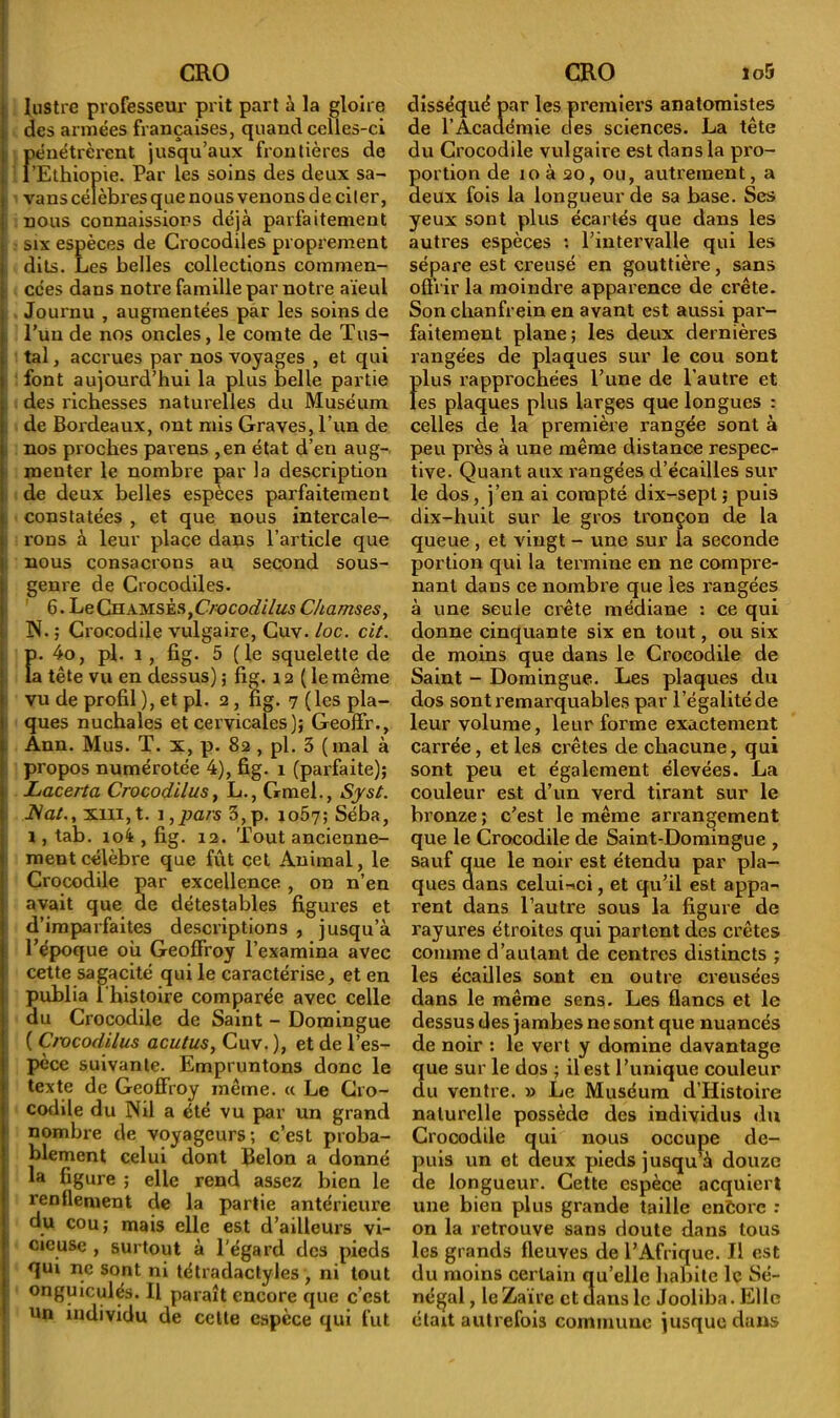 lustre professeur prit part à la gloire des armées françaises, quand celles-ci pénétrèrent jusqu’aux frontières de l’Ethiopie. Par les soins des deux sa- vans célèbres que nous venons d e citer, nous connaissions déjà parfaitement six espèces de Crocodiles proprement dits. Les belles collections commen- cées dans notre famille par notre aïeul Journu , augmentées par les soins de l’un de nos oncles, le comte de Tes- tai , accrues par nos voyages , et qui font aujourd’hui la plus belle partie des richesses naturelles du Muséum de Bordeaux, ont mis Graves, l’un de nos proches pavens ,en état d’en aug- menter le nombre par la description de deux belles espèces parfaitement constatées , et que nous intercale- rons à leur place dans l’article que nous consacrons au second sous- genre de Crocodiles. 6. LeCiiAMSÈs,C/ocorf//«5 C/iamses, N. ; Crocodile vulgaire, Cuv. loc. cit. {). 4o, pi. 1, fig. 5 (le squelette de a tête vu en dessus) ; fig. 12 ( le même vu de profil ), et pl. 2, fig. 7 (les pla- ques nuchales et cervicales); Geoffr., Ann. Mus. T. x, p. 82 , pl. 5 (mal à propos numérotée 4), fig. 1 (parfaite); Lacerta Crocodilus, L., Gmel., Syst. JNal., xm,t. 1 ,pars 3,p. 1057; Séba, i, tab. loi , fig. 12. Tout ancienne- ment célèbre que fût cet Animal, le Crocodile par excellence , on n’en avait que de détestables figures et d’imparfaites descriptions , jusqu’à l’époque ou GeofFroy l’examina avec cette sagacité qui le caractérise, et en publia l'histoire comparée avec celle du Crocodile de Saint - Domingue ( Civcodilus acutus, Cuv. ), et de l’es- pèce suivante. Empruntons donc le texte de GeofFroy même. « Le Cro- codile du Nil a été vu par un grand nombre de voyageurs; c’est proba- blement celui dont Belon a donné la figure ; elle rend assez bien le renflement de la partie antérieure du cou; mais elle est d’ailleurs vi- cieuse , surtout à l’égard des pieds qui ne sont ni tétradactyles, ni tout onguiculés. Il paraît encore que c’est un individu de cette espèce qui fut disséqué par les premiers anatomistes de l’Académie des sciences. La tête du Crocodile vulgaire est dans la pro- portion de 10 à 20, ou, autrement, a deux fois la longueur de sa base. Ses yeux sont plus écartés que dans les autres espèces : l’intervalle qui les sépare est creusé en gouttière, sans offrir la moindre apparence de crête. Son chanfrein en avant est aussi par- faitement plane; les deux dernières rangées de plaques sur le cou sont Ï)lus rapprochées l’une de l’autre et es plaques plus larges que longues : celles de la première rangée sont à peu près à une même distance respec- tive. Quant aux rangées d’écailles sur le dos, j’en ai compté dix-sept; puis dix-huit sur le gros tronçon de la queue , et vingt - une sur la seconde portion qui la termine en ne compre- nant dans ce nombre que les rangées à une seule crête médiane : ce qui donne cinquante six en tout, ou six de moins que dans le Crocodile de Saint - Domingue. Les plaques du dos sont remarquables par l’égalité de leur volume, leur forme exactement carrée, et les crêtes de chacune, qui sont peu et également élevées. La couleur est d’un verd tirant sur le bronze; c’est le même arrangement que le Crocodile de Saint-Domingue , sauf que le noir est étendu par pla- ques aans celui-ci, et qu’il est appa- rent dans l’autre sous la figure de rayures étroites qui partent des crêtes comme d’autant de centres distincts ; les écailles sont en outre creusées dans le même sens. Les flancs et le dessus des jambes ne sont que nuancés de noir : le vert y domine davantage que sur le dos ; il est l’unique couleur du ventre. » Le Muséum d’Histoire naturelle possède des individus du Crocodile qui nous occupe de- puis un et deux pieds jusqu’à douze de longueur. Cette espèce acquiert une bien plus grande taille enfcorc : on la retrouve sans doute dans tous les grands fleuves de l’Afrique. Il est du moins certain qu’elle habile le Sé- négal , le Zaïre et dans le Jooliba. Elle était autrefois commune jusque dans