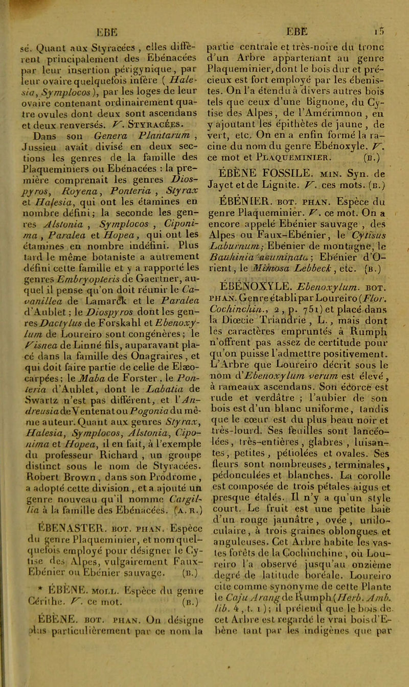 EBK sé. Quant aux Styi’acécs , elles diffè- rent principalement des Ëbénacées par leur insertion périgynique, par leur ovaire quelquefois infère ( liale- sia, Symplocos), par les loges de leur ovaire contenant ordinairement qua- tre ovules dont deux sont ascendans et deux renversés. P'. Styracées- Dans sou Généra Flantarum , Jussieu avait divisé en deux sec- tions les genres de la famille des Plaqueminiers ou Ëbénacées ; la pre- mière comprenait les genres Dios- pyros, Royena, Ponteria , Styrax et Hajesia, qui ont les étamines en nombre défini ; la seconde les gen- res Alstonia , Syjnplocos , Cipuni- ma , Paralea et Hopea, qui oui les étamines en nombre indéfini. Plus tard le même botaniste a autrement défini celte famille et y a rapporté les genres Embryopteris de Gaertner, au- quel il pense qu’on doit réunir le Ca- vanillea de Lamardk et le Paralea d’Aublet ; le Diospyros dont les gen- res de Forskahl et Ebenoxy- lurn de Loureiro sont congénères; le Pisnea de Linné fils, auparavant pla- cé dans la famille des Onagraircs, et qui doit faire partie de celle de Elæo- carpées ; le Maba de Fors ter , le Pon- ieria d’Aublet, dont le Labatia de Swarlz n’est pas différent, et \An- dreusiadeVentenat ouPo^§'o/zia du mê- me auteur.Quant aux genres Styrax^ Halesia, Symplocos, Alstonia, Cipo- nima et Hopea, il en fait, à l’exemple du professeur Richard , un groupe distinct sous le nom de Styracées. Robert Brown, dans son Prodrome , a adopté cette division ,. et a ajouté un genre nouveau qu’il nomme CargiG lia à la famille des Ëbénacées. (a. n.) EBENASTER. bot. phan. Espèce du genre Plaqueminier, et nom quel- quefois employé pour désigner le Cy- tise des Alpes, vulgairement Faux- Ebénicr ou Ebénier sauvage. (b.) * EBENE. Mor,i,. Espèce du genre Cérilhe. P', ce mot. (n.) ÉBENE. BOT. PUAN. On désigne •lus particulièrement par ce nom la EBE ifi partie centrale et très-noire du tronc d’un Arbre appartenant au genre Plaqueminier,dont le bois dur et pré- cieux est fort employé par les ébénis- tes. On l’a étendu à divers autres bois tels que ceux d’une Bignone, du Cy- tise des Alpes, de l’Amérimnon , eu y ajoutant les épithètes de jaune , de vert, etc. On en a enfin formé la ra- cine du nom du genre Ebénoxyle. V. ce mot et Plaqueminier. (d.) ÉBÈNE FOSSILE, min. Syn. de Jayctetde Lignite. F~. ces mots, (b.) ÉBÉNfER. BOT. PHAN. Espèce du genre Plaqueminier. P', ce mot. On a encore appelé Ebénier sauvage , des Alpes ou Faux-Ebénier, le Cytisus Laburnuni; Ebénier de montagne, le Bauhinia 'aeuminatü. ; Ebénier d’O- rient, le Midnosa Lebbeck, etc. (b.) ÉBÉNOXYLE. Ebenoxylum. bot. PII AN. Genre établipar Loureiro Cochinchin.t 2 , p. 761) et placé dans la Diœcie Triandrie , L., mais dont les caractères empruntés à Rumph n’offrent pas assez de certitude pour qu’on puisse l’admettre positivement. L’Arbre que Loureiro décrit sous le nom Ebenoxylum verum est élevé, à rameaux ascendans. Son ééorcè est rude et verdâtre ; l’aubier de son bois est d’un blanc uniforme, tandis que le cœur est du plus beau noir et très-lourd. Ses feuilles sont lancéo- lées, très-entières, glabres , luisan- tes , petites, pétiolées et ovales. Ses fleurs sont nombreuses, terminales, pédonculées et blanches. La corolle est composée de trois pétales aigus et presque étalés. Il n’y a qu’un style court. Le fruit est une petite baie d’un rouge jaunâtre , ovée , unilo- culaire, à trois graines oblongues. et anguleuses. Cet Arbre habite les vas- tes forêts de la Gochlnchine , où Lou- reiro l’a observé jusqu’au onzième degré de latitude boréale. Loureiro cite comme synonyme de cette Plante le Caj U A rang àti Rumph(//e/-^. Amh. lib. 4 , t. i ); il prétend que le bms de cet Arbre est regardé le vrai boisd’E- bène tant ]iar les indigènes que par