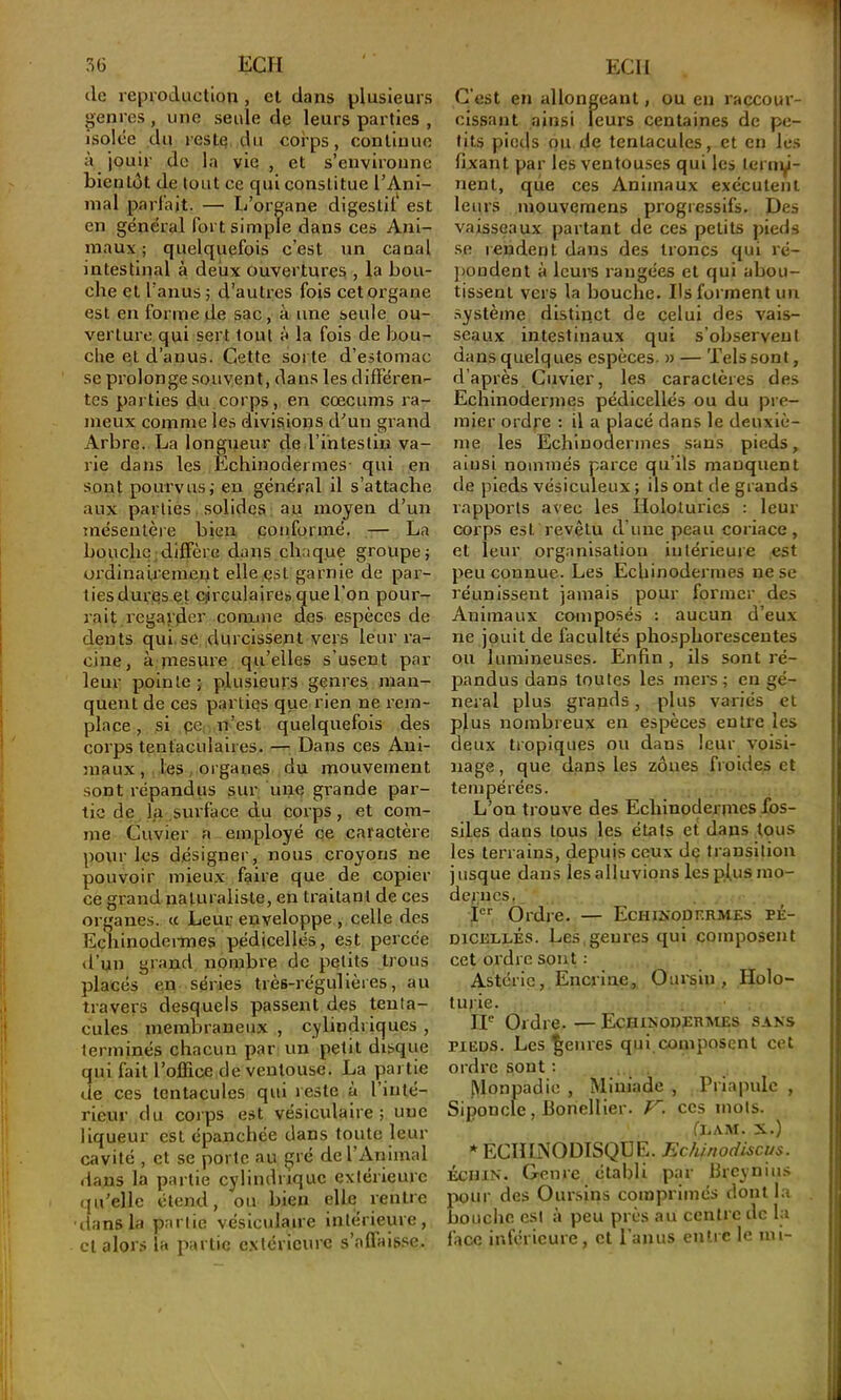 de rcpi'oduction, et dans plusieurs genres, une seule de leurs parties , isolée du reste du corps, contiuuc à jouir de la vie , et s’environne bientôt de tout ce qui constitue l’Ani- mal parfait. — L’organe digestit' est en général fort simple dans ces Ani- maux ; quelquefois c’est un canal intestinal à deux ouvertures , la bou- che et l’anus ; d’autres fois cet organe est en forme de sac, à une seule ou- verture qui sert tout à la fois de bou- che et d’anus. Cette sorte d’estomac se prolonge souvent, dans les différen- tes parties du corps, en cæcums ra- meux comme les divisions d’un grand Arbre. La longueur de l’intestin va- rie dans les Echinodermes qui en sont pourvus; en général il s’attache aux parties solides au moyen d’un mésentère bien ponforiné. — La bouche diffère dans chaque groupe; oi’dinairemerit elle çst garnie de par- ties duréset cjireulaires que l’on pour- rait regarder connue des espèces de dents qui se durcissent vers leur ra- cine, à jnesure qu’elles s’usent par leur pointe ; plusieurs genres man- quent de ces parties que rien ne rem- place , si pe, n’est quelquefois des corps tentaculaires. — Dans ces Aui- }naux, les , organes du mouvement sont répandus sui' une grande par- tie de la surface du corps, et com- me Cuvier a employé ce caractère pour les désigner, nous croyons ne pouvoir mieux faire que de copier ce grand naturaliste, en ti’aitant de ces organes. « Leur enveloppe , celle des Echinodeirnes pédicellés, est percée d’un grand nombi'e de petits trous placés en séries très-régulières, au travers desquels passent des tenta- cules membraneux , cylindriques , terminés chacun par un petit disque qui fait l’office de ventouse. La partie de ces tentacules qui reste à l’inté- rieur du corps est vésiculaire; une liqueur est épanchée dans toute leur cavité , et se porte au gré de l’Animal dans la partie cylindrique extérieure qu’elle étend, ou bien elle rentre dans la parlic vésiculaire intérieure, et alors la partie e.xtéricurc s’aflai&se. C'est en allongeant, ou en raccour- cissant ainsi leurs centaines de pe- tits pieds pu de tentacules, et en les fixant par les ventouses qui les terny- nent, que ces Animaux exécutent leurs mouvemens progressifs. Des vaisseaux partant de ces petits pieds se rendent dans des troncs qui ré- ))ondenl à leurs rangées et qui abou- tissent vers la bouche. Ils forment un .système distiiict de celui des vais- seaux intestinaux qui s’observeut dans quelques espèces. » — Tels sont, d’après Cuvier, les caractères des Echinodermes pédicellés ou du pre- mier ordre : il a placé dans le deuxiè- me les Echinodermes sans pieds, ainsi nommés parce qu’ils manquent de pieds vésiculeux ; ils ont de grands rapports avec les Holoturics : leur corps est revêtu dune peau coriace, et leur organisation intérieure est peu connue. Les Echinodermes ne se réunissent jamais pour former des Animaux composés : aucun d’eux ne jouit de facultés phosphorescentes ou lumineuses. Enfin , ils sont ré- pandus dans toutes les mers; en gé- néral plus grands, plus variés et plus nombreux en espèces entre les deux tropiques ou dans leur voisi- nage , que dans les zones froides et tempérées. L’on trouve des Echinoderincs fos- siles dans tous les états ef dans tous les terrains, depuis ceux dç transition jusque dans lesalluvions les plus mo- dernes. F*' Ordre. — Echixodf.rmes pé- dicellés. Les genres qui composent cet ordre sont : Astérie, Encrine, Oursin, Holo- turie. IF Ordre. — Echinodermes sans PIEDS. Les genres qui composent cet ordre sont ; Monpadie , Miniade , Priapule , Siponcle, lionellier. ces mots. fLAM. X.) * ECIÏINODISQUE. Eckinodiscas. ÉcniN. Genre établi par ifreyniu.s jXHir des Our.sins comprimés dont la bouche est à peu près au centre de la face inférieure, et l'anus entre le ml-