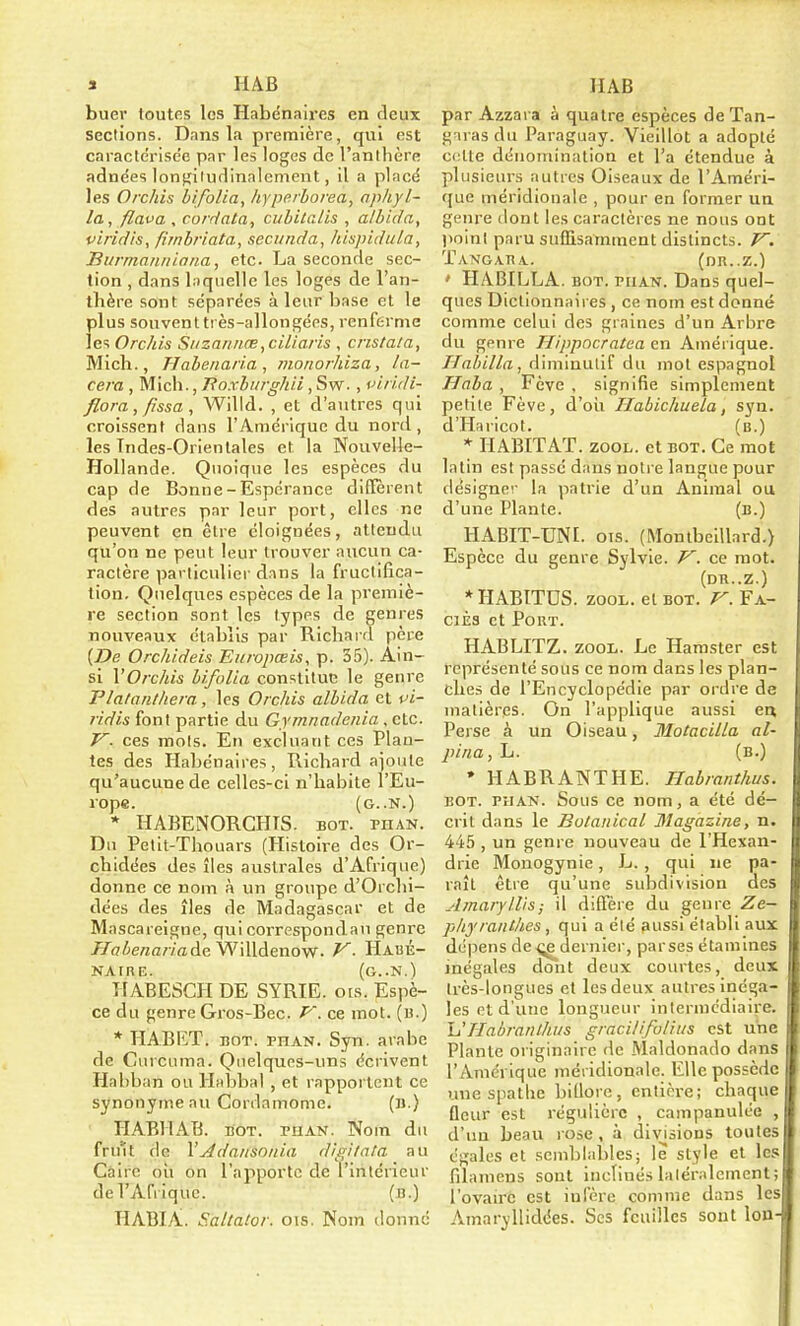 ï HAB buer toutes les Habénaires en deux sections. Dans la première, qui est caractérisée par les loges de l’anthère adne'es longitudinalement, il a placé les Orchis bifolia, hyperborea, aphyl- la, flava , cordata, cubitalis , albida, viridis, firnbriata, secunda, hispidula, JBurmanniana, etc. La seconde sec- tion , dans laquelle les loges de l’an- thère sont séparées à leur base et le plus souvent très-allongées, renferme les Orchis Suzannoe,ciliaris , cns/a/a, Mich., Habenaria , monorhiza, la- cera , Mich., Hoxburghii, Sw., viridi- flora, fissa, Willd. , et d’autres qui croissent dans l’Amérique du nord, les Indes-Orientales et la Nouvelle- Hollande. Quoique les espèces du cap de Bonne - Espérance diffèrent des autres par leur port, elles ne peuvent en être éloignées, attendu qu’on ne peut leur trouver aucun ca- ractère particulier dans la fructifica- tion. Quelques espèces de la premiè- re section sont les types de genres nouveaux établis par Richard père [De Orchideis Europœis, p. 35). Ain- si Y Orchis bifolia constitue le genre Platanlhera, les Orchis albida et vi- ridis font partie du Gymnadenia . cLc. V. ces mots. En excluant ces Plan- tes des Habénaires, Richard ajoute qu’aucune de celles-ci n’habite l’Eu- rope. (g. .N.) * HABENORCHTS. bot. phan. Du Petit-Thouars (Histoire des Or- chidées des îles australes d’Afrique) donne ce nom à un groupe d’Orchi- dées des îles de Madagascar et de Mascareigne, qui correspondan genre Habenaria An Willdenow- V. HabÉ- NAmE. (g..N.) IIABESCH DE SYRIE, ots. Espè- ce du genre Gros-Bec. P', ce mot. (b.) * TIABET. bot. rnAN. Syn. arabe de Cu rcuma. Quelques-uns écrivent Habban ou Hnbbal , et rapportent ce synonyme au Cordamome. (b.) ITABHAB. bot. phan. Nom du fruit de PAdansonia digitata au Caire ou on l’apporte de l’intérieur de l’Afrique. (b.) HABlA. Sallator. ois. Nom donné HAB par Azzara à quatre espèces de Tan- garasdu Paraguay. Vieillot a adopté celte dénomination et l’a étendue à plusieurs autres Oiseaux de l’Améri- que méridionale , pour en former un genre dont les caractères ne nous ont point paru suffisamment distincts. H. Tangaba. (DR..Z.) • HABILLA, bot. piian. Dans quel- ques Dictionnaires , ce nom est donné comme celui des graines d’un Arbre du genre Hippocratea en Amérique. Habilla, diminutif du mot espagnol Haba , Fève , signifie simplement petite Fève, d’où Habichuela, syn. d’Haricot. (b.) * HABITAT, zool. et bot. Ce mot latin est passé dans notre langue pour désigner la patrie d’un Animal ou d’une Plante. (b.) HABIT-UNI. ois. (Montbeillard.) Espèce du genre Sylvie. V. ce mot. (DR..Z.) * HABITUS, zool. et bot. V. Fa- ciès et Pokt. HABLITZ. zool. Le Hamster est représenté sous ce nom dans les plan- ches de l’Encyclopédie par ordre de matières. On l’applique aussi en Perse à un Oiseau, Motacilla al- pina, L. (b.) * HABRANTIIE. Habranthus. bot. piian. Sous ce nom, a été dé- crit dans le Bolanical Magazine, n. 445 , un genre nouveau de l’Hexan- drie Monogynie, L. , qui ne pa- raît être qu’une subdivision des Amaryllis; il diffère du genre Ze- phyranthes, qui a été aussi établi aux dépens de-çe dernier, parses étamines inégales dont deux courtes, deux très-longues et les deux autres inéga- les et d’une longueur intermédiaire. L'Habranthus gracilifolius est une Plante originaire de Maldonado dans l’Amérique méridionale. Elle possède une spathe billore, entière; chaque fleur est régulière , campanulée , d’un beau rose, à divisions toutes égales et semblables; le style et les filamens sont inclinés latéralement; l’ovaire est infère comme dans les Amaryllidées. Ses feuilles sont Ion-