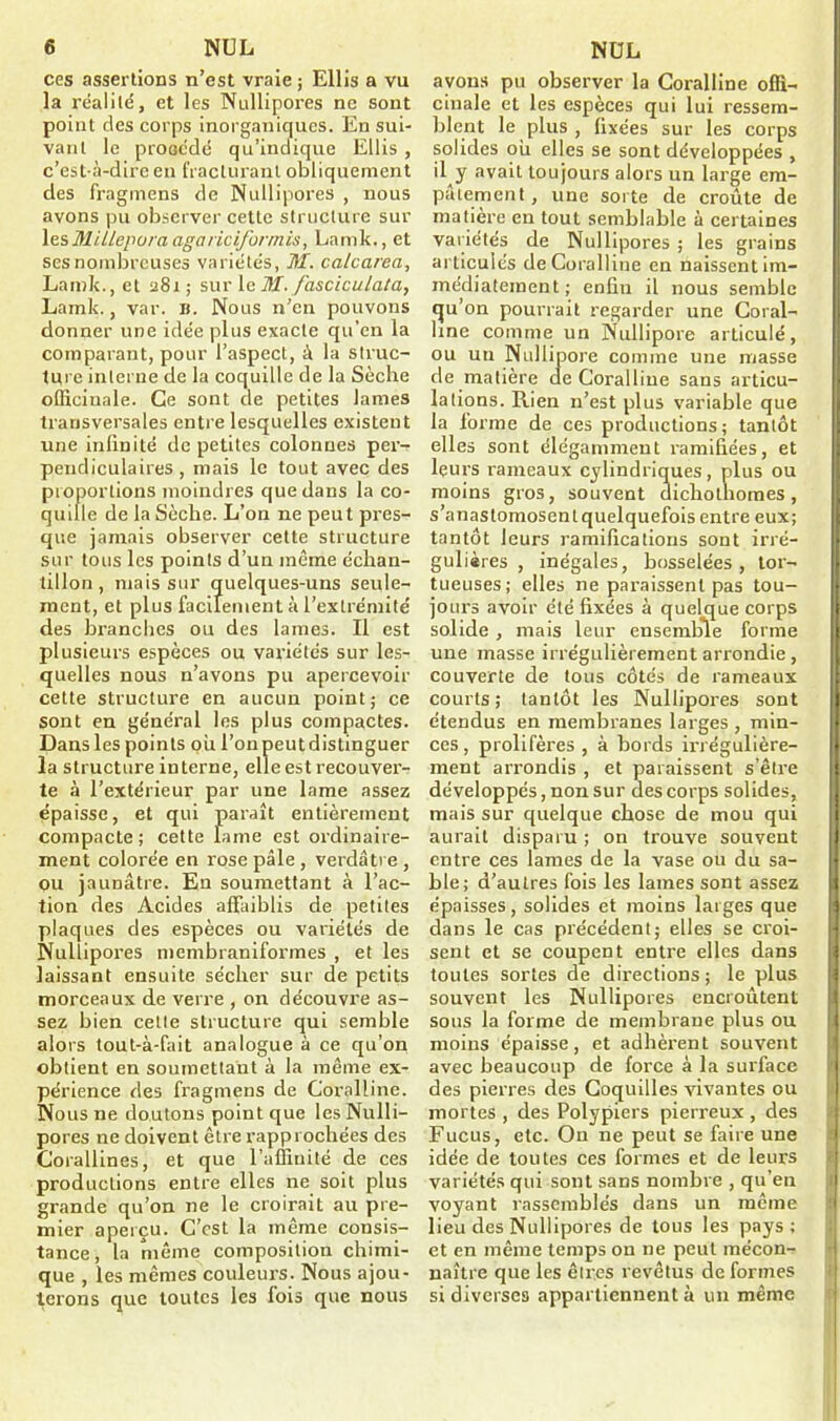 ces assertions n’est vraie ; Ellis a vu la réalité, et les Nullipores ne sont point des corps inorganiques. En sui- vant le prooédé qu’indique Ellis , c’est-à-dire en fracturant obliquement des fragmens de Nullipores , nous avons pu observer cette structure sur lesMillepuraagariciformis, Lamk., et ses nombreuses variétés, M. calcarea, Lamk., et 281 ; sur le M. fasciculata, Lamk., var. n. Nous n’en pouvons donner une idée plus exacte qu’en la comparant, pour l’aspect, à la struc- ture interne de la coquille de la Sèche officinale. Ce sont de petites lames transversales entre lesquelles existeut une infinité de petites colonnes per-r pendiculaires , mais le tout avec des pioporlions moindres que dans la co- quille de la Sèche. L’on ne peut pres- que jamais observer cette structure sur tous les points d’un même échan- tillon , mais sur quelques-uns seule- ment, et plus facilement à l’extrémité des branches ou des lames. Il est plusieurs espèces ou variétés sur les- quelles nous n’avons pu apercevoir cette structure en aucun point; ce sont en général les plus compactes. Dans les points ou l’on peut distinguer la structure interne, elle est recouver- te à l’extérieur par une lame assez épaisse, et qui paraît entièrement compacte ; cette lame est ordinaire- ment colorée en rose pâle , verdâtre , ou jaunâtre. En soumettant à l’ac- tion des Acides affaiblis de petites plaques des espèces ou variétés de Nullipores membraniformes , et les laissant ensuite sécher sur de petits morceaux de verre , on découvre as- sez bien cette structure qui semble alors tout-à-fait analogue à ce qu’on obtient en soumettant à la même ex- périence des fragmens de Coralline. Nous ne doutons point que les Nulli- pores ne doivent être rapprochées des Corallines, et que l’affinité de ces productions entre elles ne soit plus grande qu’on ne le croirait au pre- mier aperçu. C’est la même consis- tance, la même composition chimi- que , les mêmes couleurs. Nous ajou- terons que toutes les fois que nous avons pu observer la Coralline offi- cinale et les espèces qui lui ressem- blent le plus , fixées sur les corps solides ou elles se sont développées , il y avait toujours alors un large em- pâtement, une sorte de croûte de matière en tout semblable à certaines variétés de Nullipores ; les grains articulés de Coralline en naissent im- médiatement ; enfiu il nous semble qu’on pourrait regarder une Coral- hne comme un Nullipore articulé, ou un Nullipore comme une masse de matière de Coralline sans articu- lations. Rien n’est plus variable que la forme de ces productions; tantôt elles sont élégamment l'amifiées, et leurs rameaux cylindriques, plus ou moins gros, souvent dichothomes, s’anastomosenlquelquefois entre eux; tantôt leurs ramifications sont irré- gulières , inégales, bosselées, tor- tueuses; elles ne paraissent pas tou- jours avoir été fixées à quelque corps solide , mais leur ensemble forme une masse irrégulièrement arrondie, couverte de tous côtés de rameaux courts; tantôt les Nullipores sont étendus en membranes larges , min- ces , prolifères , à bords ii'régulière- ment arrondis , et paraissent s’être développés, non sur des corps solides, mais sur quelque chose de mou qui aurait disparu ; on trouve souvent entre ces lames de la vase ou du sa- ble; d’autres fois les lames sont assez épaisses, solides et moins larges que dans le cas précédent; elles se croi- sent et se coupent entre elles dans toutes sortes de directions; le plus souvent les Nullipores encroûtent sous la forme de membrane plus ou moins épaisse, et adhèrent souvent avec beaucoup de force à la surface des pierres des Coquilles vivantes ou mortes , des Polypiers pierreux , des Fucus, etc. On ne peut se faire une idée de toutes ces formes et de leurs variétés qui sont sans nombre , qu’en voyant rassemblés dans un même lieu des Nullipores de tous les pays; et en même temps on ne peut mécon- naître que les êti'.es revêtus de formes si diverses appartiennent à un même