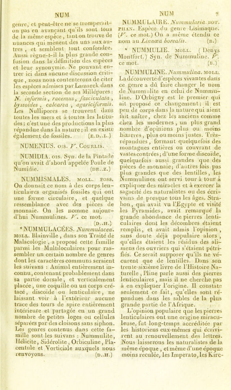 genre, cl peut-être ne se troniperail- on pas en avançant qu'ils sont tous de la même espèce, tant on trouve de nuances qui mènent îles uns aux au- tres , et sembleut tout conlondre. Aussi règne-t-il la plus grande cou- fusion dans la définition des espèces et leur synonymie. INe pouvant en- trer ici dans aucune discussion criti- que , nous nous contenterons de citer les espèces admises parLamarck dans la seconde section de ses Millépores : N. informis, race mua, Jasciculata , byssoides , cale area , agaricifurmis. Les Nullipores se trouvent dans toutes les mers et à toutes les latitu- des ; c’est une des productions la plus répandue dans la nature; il en existe également de fossiles. (e.d..l.) NUMENIUS. ois. V. Courlis. NUM1DIA. ois. Syn. de la Pintade qu’on avait d’abord appelée Poule de Numidie. (nn..z.) NUMMISMALES. moll. foss. On donnait ce nom à des corps len- ticulaires organisés fossiles qui ont une forme circulaire, et quelque ressemblance avec des pièces de monnaie. On les nomme aujour- d’hui Nummulines. V. ce mot. (D..H.) *NUMMULAGEES. Nummulacea. moll. Blaiuville , dans son Traité de Malacologie , a proposé celle famille parmi les Multiloculaires pour ras- sembler un certain nombre de genres dont les caractères communs seraient les suivans : Auimal entièrement in- connu, contenant probablement dans sa partie dorsale, et verticalement placée , Une coquille ou un corps cré- tacé , discoïde ou lenticulaire, ne laissant voir à l’extérieur aucune trace des tours de spire entièrement intérieure et partagée eu un grand nombre de petites loges ou cellules séparées par des cloisons sans siphon. Les genres contenus dans cette fa- mille sont les suivans : Nummulitc, Hélicitc, Sidérolite , Orbiculine, Pla- centule et Vorticiale auxquels nous renvoyons. (d..h.) IN 11 M 7 NUMMÜ LAIE E. Nanunulana. jjot. pii an. Espèce du genre Lisimaque. {V. ce mot.) On a même étendu ce nom au Linnœa borcalis. (n.) * NÜMMULIE. moll. < Dcnys Montfort.) Syn. de INunnnuline. V. ce mot. (u.) NUMMULTNE. Nummitlina. moll. La découverte d’espèces vivantes dans ce genre a dû faire changer le nom de Nummulitc en celui cfe Nummu- line. D'Orbigny est le premier qui ait proposé ce changement; il est peu de corps dans la nature qui aient lait naître, chez les anciens comme .chez les modernes , un plus grand nombre d’opinions plus ou moins bizarres, plus ou moins justes. Très- répandues , formant quelquefois des montagnes entières ou couvrant de vastes contrées; d’une forme discoïde, quelquefois aussi grandes que des pièces de monnaie; d’autres lois pas plus grandes que des lentilles, les Nummulines ont servi tour à tour à expliquer des miracles et à exercer la sagacité des naturalistes ou des écri- vains de presque tous les âges. Stra- bon, qui avait vu l’Egypte et visité les Pyramides, avait remarqué la grande abondance de pierres lenti- culaires dont les décombres étaient remplis, et avait admis l’opinion, sans doute déjà populaire alors , qu’elles étaient les résidus des ali— mens des ouvriers qui s’étaient pétri- fiés. Ce serait supposer qu’ils ne vé- curent que de lentilles. Dans sou trente-sixième livre de l’Histoire Na- turelle , Pline parle aussi des pierres lenticulaires , mais il ne cherche pas à en expliquer l’origine. Il constate seulement ce fait, qu’elles sont ré- pandues dans les sables de la plus grande partie de l’Afrique. L’opinion populaire que les pierres lenticulaires ont une origine miracu- leuse, fut long-temps accréditée par les historiens eux-mêmes qui écrivi- rent au renouvellement des lettres. Nous laisserons les naturalistes de la même époque , et même d’une époque moins reculée, les Imperalo, les K.irc-