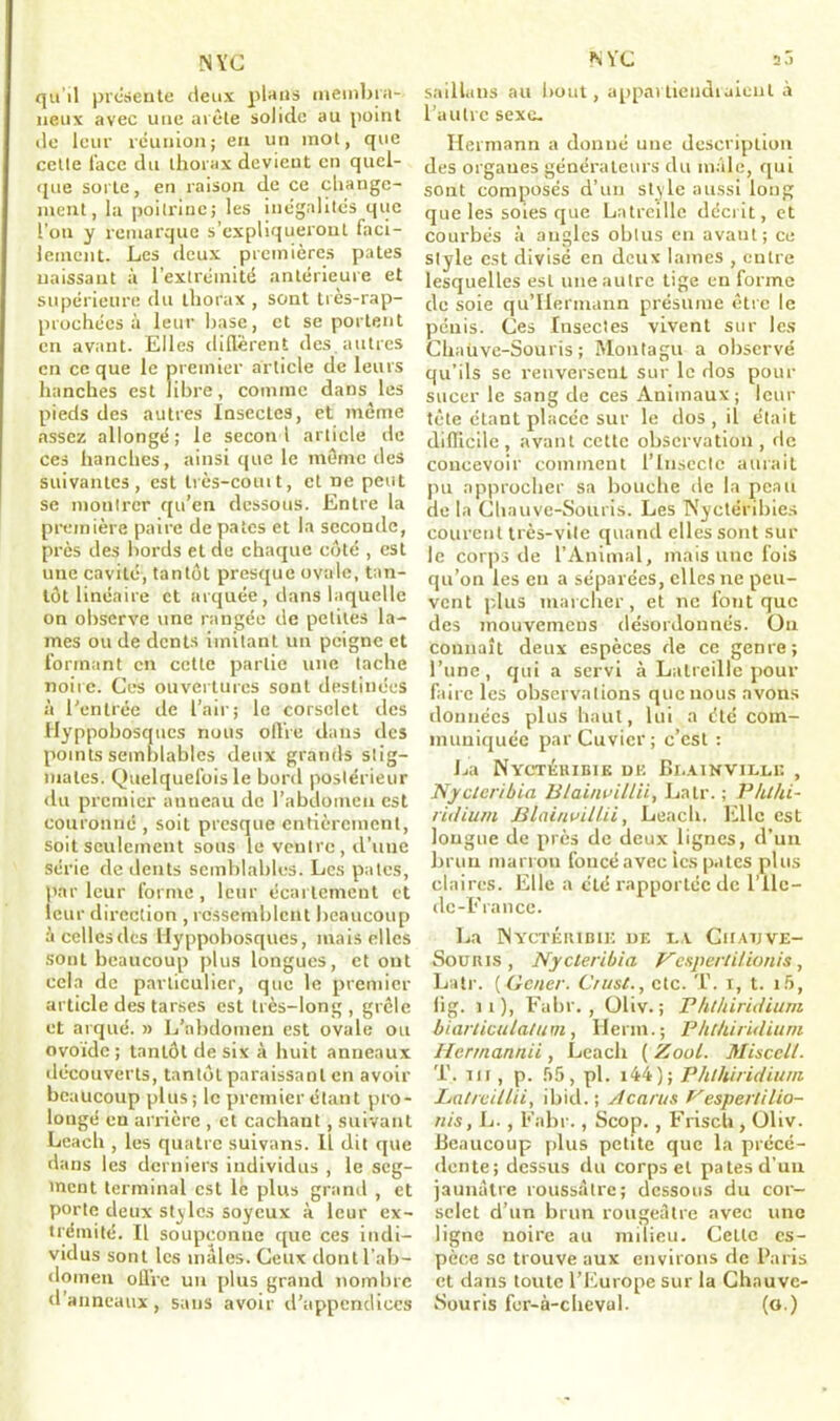 NYG qu'il présente deux plans membra- neux avec une arête solide au point de leur réunion; en un mot, que cette lace du thorax devient en quel- que sorte, en raison de ce change- ment, la poitrine; les inégalités que l’on y remarque s’expliqueront faci- lement. Les deux premières pâtes naissant à l’extrémité antérieure et supérieure du thorax , sont très-rap- prochées à leur base, et se portent en avant. Elles diffèrent des autres en ce que le premier article de leurs hanches est libre, comme dans les pieds des autres Insectes, et même assez allongé; le second article de ces hanches, ainsi que le môme des suivantes, est très-couit, et ne peut se montrer qu’en dessous. Entre la première paire de pâtes et la seconde, près des bords el de chaque coté , est une cavité, tantôt presque ovale, tan- tôt linéaire et arquée, dans laquelle on observe une rangée de petites la- mes ou de dents imitant un peigne et formant en cette partie une tache noire. Ces ouvertures sont destinées à l’entrée de l’air; le corselet des Hyppobosques nous offre dans des points semblables deux grands stig- mates. Quelquefois le bord postérieur du premier anneau de l’abdomen est couronné , soit presque entièrement, soit seulement sous le ventre, d’une série de dents semblables. Les pâtes, parleur forme, leur écartement et leur direction , ressemblent beaucoup iicellesdcs Hyppobosques, mais elles sont beaucoup plus longues, et ont cela de particulier, que le premier article des tarses est très-long, grôle et arqué. » L’abdomen est ovale ou ovoïde; tantôt de six à huit anneaux découverts, tantôt paraissant en avoir beaucoup plus ; le premier étant pro- longé en arrière , et cachant , suivant Leach , les quatre suivans. Il dit que dans les derniers individus , le seg- ment terminal est le plus grand , et porte deux styles soyeux à leur ex- trémité. Il soupçonne que ces indi- vidus sont les mâles. Ceux dont l’ab- domen olTre un plus grand nombre d’anneaux, sans avoir d’appendices NYC aô saillans au bout, appartiendraient à l’autre sexe. Hermann a donné une description des organes générateurs du mâle, qui sont composés d’un style aussi long que les soies que Latreille décrit, et courbés à augles obtus en avaut; ce style est divisé en deux lames , entre lesquelles est une autre tige en forme de soie qu’Hermann présume être le pénis. Ces lusectes vivent sur les Chauve-Souris; Mon ta gu a observé qu’ils se renversent sur le dos pour sucer le sang de ces Animaux; leur tête étant placée sur le dos, il était difficile, avant cette observation, de concevoir comment l’Insecte aurait pu approcher sa bouche de la peau de la Chauve-Souris. Les Nyctéribies courent très-vile quand elles sont sur le corps de l’Animal, mais une fois qu’on les en a séparées, elles ne peu- vent plus marcher, et ne font que des mouvemens désordonnés. Ou connaît deux espèces de ce genre; l’une, qui a servi à Latreille pour faire les observations que nous avons données plus haut, lui a été com- muniquée par Cuvier; c’est : La Nyctéribik de Bi.ainvh.ee , Nycteribia Blainvillii, Latr. ; Phthi- ridium Blainvillii, Leach. Elle est longue de près de deux lignes, d’un brun marron foncé avec ics pâtes plus claires. Elle a été rapportée de l’lie — de-France. La INyctéiubik de la Chauve- Souris , Nycteribia Vc&pertilionis, Latr. (Gener■ C/ust., etc. T. i, t. i5, fig. 11), Fabr. , Oliv. ; Phthiridium biarlicula/um, Herm.; Phthiridium Hermannii, Leach ( Zool. Miscelt. T. ni, p. 55, pl. i44); Phthiridium Iiatreillii, ibid. ; Acarus f^esperliBo- nis , L., Fabr., Scop., Frisch , Oliv. Beaucoup plus petite que la précé- dente; dessus du corps et pâtes d’un jaunâtre roussâtre; dessous du cor- selet d’un brun rougeâtre avec une ligne noire au milieu. Cette es- pèce se trouve aux environs de Paris et dans toute l’Europe sur la Chauve- Souris fer-à-clieval. (o.)