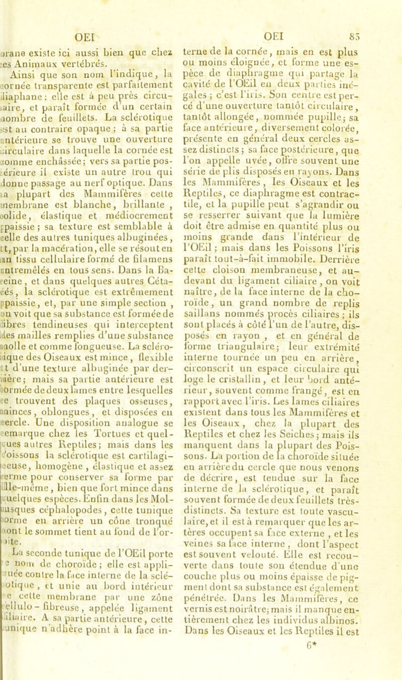 urane existe ici aussi bien que chez es Animaux vertébrés. Ainsi que son nom l’indique, la -ornée transparente est parfaitement diaphane ; elle est à peu près circu- laire, et paraît formée d’un certain nombre de feuillets. La sclérotique •:st au contraire opaque; à sa partie antérieure se trouve une ouverture circulaire dans laquelle la cornée est .tomme enchâssée; vers sa partie pos- érieure il existe un autre trou qui ionDe passage au nerf optique. Dans a plupart des Mammifères cette membrane est blanche, brillante , oolide, élastique et médiocrement fpaissie ; sa texture est semblable à eelle des autres tuniques albuginées, tt,par la macération, elle se résouten ian tissu cellulaire formé de filainens entremêlés en tous sens. Dans la Ea- oeine , et dans quelques autres Céta- cés, la sclérotique est extrêmement npaissie, et, par une simple section , an voit que sa substance est formée de libres tendineuses qui interceptent des mailles remplies d’une substance naolle et comme fongueuse. La scléro- tique des Oiseaux est mince, flexible tt d’une texture albuginée par der- nière; mais sa partie antérieure est obrmée de deux lames entre lesquelles ce trouvent des plaques osseuses, nainces , oblongues , et disposées en cercle. Une disposition analogue se emarque chez les Tortues et quel- ues autres Reptiles; mais dans les éoissons la sclérotique est cartilagi- neuse, homogène , élastique et assez cerme pour conserver sa forme par mie -même , bien que fort mince dans uelques espèces. Enfin dans les Mol- lusques céphalopodes, cette tunique orme eu arrière un cône tronqué 'ont le sommet tient au fond de l’or- lite. La seconde tunique de l’OEil porte B nom de choroïde; elle est appli- uee contre In face interne de la sclé- olique , tt unie au bord intérieur e celle membrane par une zôue eliulo- fibreuse, appelée ligament iliaire. A sa partie antérieure, cette unique n adhère point à la face in- terne de la cornée, mais en est plus ou moins éloignée, et forme une es- pèce de diaphragme qui partage la cavité de l’OEil en deux parties iné- gales ; c’est l’iris. Son centre est per- cé d’une ouverture tantôt circulaire, tantôt allongée, nommée pupille; sa face antérieure, diversement colorée, présente en général deux cercles as- sez distincts ; sa face postérieure, que l’on appelle uvée, olfre souvent une série de plis disposés en rayons. Dans les Mammifères, les Oiseaux et les Reptiles, ce diaphragme est contrac- tile, et la pupille peut s’agrandir ou se resserrer suivant que la lumière doit être admise en quantité plus ou moins grande dans l’intérieur de l’OEil ; mais dans les Poissons l’iris paraît tout-à-fait immobile. Derrière cette cloison membraneuse, et au- devant du ligament ciliaire , on voit naître, de la face interne de la cho- roïde , un grand nombre de replis saillans nommés procès ciliaires ; ils sont placés à côté l’un de l’autre, dis- posés en rayon , et en général de forme triangulaire; leur extrémité interne tournée un peu en arrière, circonscrit un espace circulaire qui loge le cristallin, et leur bord anté- rieur, souvent comme frangé, est en rapport avec l’iris. Les lames ciliaires existent dans tous les Mammifères et les Oiseaux, chez la plupart des Reptiles et chez les Seiches; mais ils manquent dans la plupart des Pois- sons. La portion de la choroïde située en arrière du cercle que nous venons de décrire, est tendue sur la face interne de la sclérotique, et paraît souvent formée de deux feuillets très- distincts. Sa texture est toute vascu- laire, et il est à remarquer que les ar- tères occupent sa face externe , et les veines sa face interne , dont l’aspect est souvent velouté. Elle est recou- verte dans toute son étendue d'une couche plus ou moins épaisse de pig- ment dont sa substance est également pénétrée. Dans les Mammifères, ce vernis est noirâtre; mais il manque en- tièrement chez les individus albinos. Dans les Oiseaux et les Reptiles il est G*