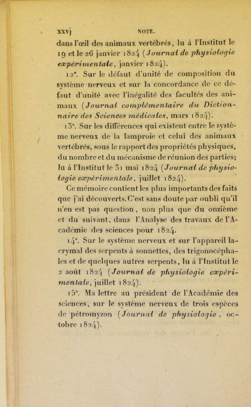 XXvj NOTE. dans l’œil des animaux vertébrés, lu à l’Institut le 19 et le 26 janvier 1824 ( Journal de physiologie expérimentale, janvier 1824). 12°. Sur le défaut d’unité de composition du système nerveux et sur la concordance de ce dé- faut d’unité avec l’inégalité des facultés des ani- maux ( Journal complémentaire du Diction- naire des Sciences médicales, mars 182/1). 1 3°. Sur les différences qui existent entre le systè- me nerveux de la lamproie et celui des animaux vertébrés, sous le rapport des propriétés physiques, du nombre et du mécanisme de réunion des parties; lu à l’Institut le 3i mai 1824 ( Journal de physio- logie expérimentale, juillet 1824). Ce mémoire contient les plus importants des faits que j’ai découverts. C’est sans doute par oubli qu’il n’en est pas question , non plus que du onzième et du suivant, dans l’Analyse des travaux de l’A- cadémie des sciences pour 1824. i4°. Sur le système nerveux et sur l’appareil la- crymal des serpents à sonnettes, des trigonocépha- les et de quelques autres serpents, lu à l’Institut le 2 août 182/f ( Journal de physiologie expéri- mentalejuillet 182/1). 15°. Ma lettre au président de l’Académie des sciences, sur le système nerveux de trois espèces de pétromyzon ( Journal de physiologie , oc- tobre 1 824).