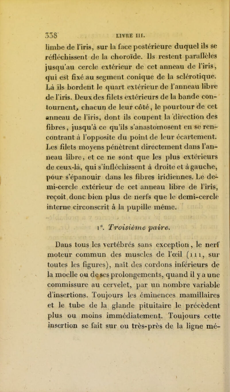 limbe de l’iris, sur la face postérieure duquel ils se réfléchissent de la choroïde. Ils restent parallèles jusqu’au cercle extérieur de cet anneau de l’iris, qui est fixé au segment conique de la sclérotique. Là ils bordent le quart extérieur de l’anneau libre de l’iris. Deux des filets extérieurs de la bande con- tournent, chacun de leur côté, le pourtour de cet anneau de l’iris, dont ils coupent la direction des fibres, jusqu’à ce qu’ils s’anastomosent en se ren- contrant à l’opposite du point de leur écartement. Les filets moyens pénètrent directement dans l’an- neau libre, et ce ne sont que les plus extérieurs de ceux-là, qui s’infléchissent à droite et à gauche, pour s’épanouir dans les fibres indiennes. Le de- mi-cercle extérieur de cet anneau libre de l’iris, reçoit donc bien plus de nerfs que le demi-cercle interne circonscrit à la pupille même. i°. Troisième paire. Dans tous les vertébrés sans exception, le nerf moteur commun des muscles de l’œil ( 111, sur toutes les figures), naît des cordons inférieurs de la moelle ou de ses prolongements, quand il y a une commissure au cervelet, par un nombre variable d’insertions. Toujours les éminences mamillaires et le tube de la glande pituitaire le précèdent plus ou moins immédiatement. Toujours cette insertion se fait sur ou très-près de la ligne mé-