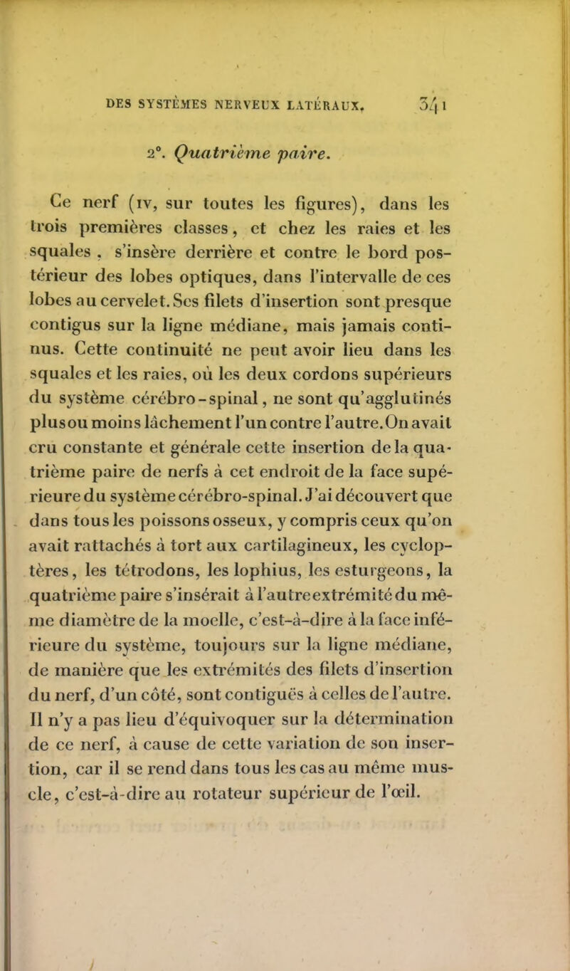 rr à 2°. Quatrième 'paire. Ce nerf (iv, sur toutes les figures), dans les trois premières elasses, et chez les raies et les squales , s’insère derrière et contre le bord pos- térieur des lobes optiques, dans l’intervalle de ces lobes au cervelet. Scs filets d’insertion sont presque contigus sur la ligne médiane, mais jamais conti- nus. Cette continuité ne peut avoir lieu dans les squales et les raies, où les deux cordons supérieurs du système cérébro-spinal, ne sont qu’agglutinés plus ou moins lâchement l’un contre l’autre. On avait cru constante et générale cette insertion delà qua- trième paire de nerfs à cet endroit de la face supé- rieure du système cérébro-spinal. J’ai découvert que dans tous les poissons osseux, y compris ceux qu’on avait rattachés à tort aux cartilagineux, les cyclop- tères, les tétrodons, les lophius, les esturgeons, la quatrième paire s’insérait à l’autreextrémitédu me- me diamètre de la moelle, c’est-à-dire à la face infé- rieure du système, toujours sur la ligne médiane, de manière que les extrémités des fdcts d’insertion du nerf, d’un côté, sont contiguës à celles de l’autre. Il n’y a pas lieu d’équivoquer sur la détermination de ce nerf, à cause de cette variation de son inser- tion, car il se rend dans tous les cas au même mus- cle, c’est-à-dire au rotateur supérieur de l’œil. J