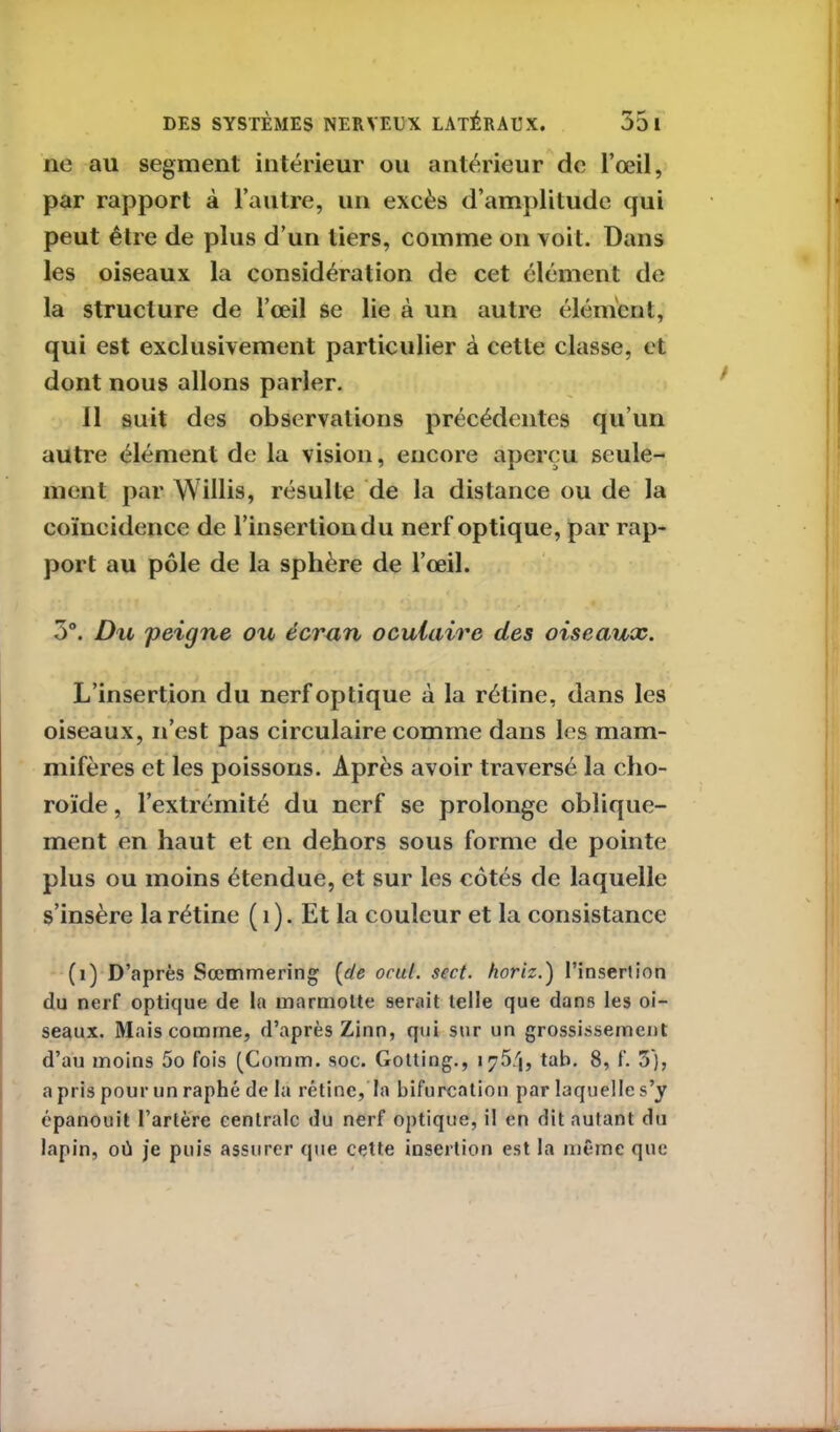 ne au segment intérieur ou antérieur de l’œil, par rapport à l’autre, un excès d’amplitude qui peut être de plus d’un tiers, comme on voit. Dans les oiseaux la considération de cet élément de la structure de l’œil se lie à un autre élément, qui est exclusivement particulier à cette classe, et dont nous allons parler. 11 suit des observations précédentes qu’un autre élément de la vision, encore aperçu seule- ment par Willis, résulte de la distance ou de la coïncidence de l’insertion du nerf optique, par rap- port au pôle de la sphère de l’œil. 3°. Du 'peigne ou écran oculaire des oiseaux. L’insertion du nerf optique à la rétine, dans les oiseaux, n’est pas circulaire comme dans les mam- mifères et les poissons. Après avoir traversé la cho- roïde , l’extrémité du nerf se prolonge oblique- ment en haut et en dehors sous forme de pointe plus ou moins étendue, et sur les côtés de laquelle s’insère la rétine ( 1 ). Et la couleur et la consistance (i) D’après Sœmmering [de ocul. sect. horiz.) l’insertion du nerf optique de la marmotte serait telle que dans les oi- seaux. Mais comme, d’après Zinn, qui sur un grossissement d’au moins 5o fois (Coram. soc. Gotting., 1754, tab. 8, f. 3), a pris pour un raphé de la rétine, la bifurcation par laquelle s’y épanouit l’artère centrale du nerf optique, il en dit autant du lapin, où je puis assurer que cette insertion est la même que