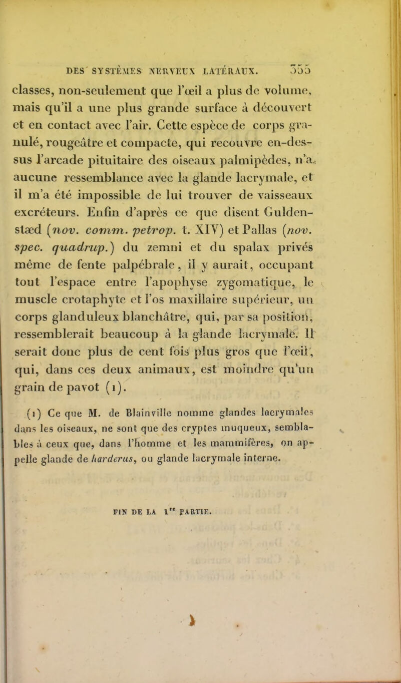 classes, non-seulement que l’œil a plus de volume, mais qu’il a une plus grande surface à découvert et en contact avec l’air. Cette espèce de corps gra- nulé, rougeâtre et compacte, qui recouvre en-des- sus l’arcade pituitaire des oiseaux palmipèdes, n’a.; aucune ressemblance avec la glande lacrymale, et il m’a été impossible de lui trouver de vaisseaux excréteurs. Enfin d’après ce que disent Gulden- slæd (nov. comm. petrop. t. XIV) et Pallas (nov. spec. quadrup.) du zemni et du spalax privés même de fente palpébrale, il y aurait, occupant tout l’espace entre l’apophyse zygomatique, le muscle crotaphyte et l’os maxillaire supérieur, un corps glanduleux blanchâtre, qui, par sa position, ressemblerait beaucoup à la glande lacrymale. 11 serait donc plus de cent fois plus gros que l’oeil, qui, dans ces deux animaux, est moindre qu’un grain de pavot (1). (i) Ce que M. de Blainville nomme glandes lacrymales dans les oiseaux, ne sont que des cryptes muqueux, sembla- bles à ceux que, dans l’homme et les mammifères, on ap- pelle glande de harderus, ou glande lacrymale interne. PIN DE LA 1 PARTIE.