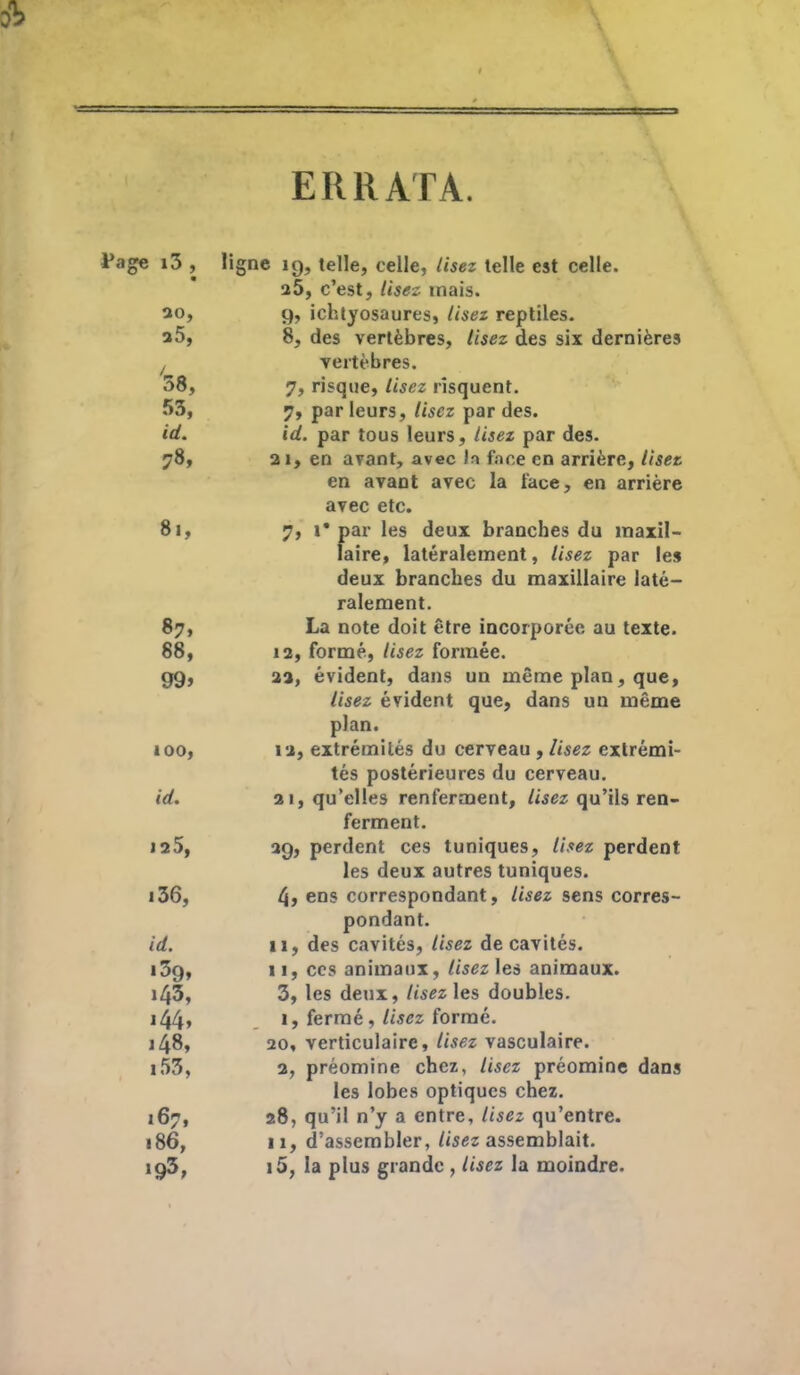 ERRATA. gne 19, telle, celle, Usez telle est celle. a5, c’est. Usez mais. 9, ichtyosaures. Usez reptiles. 8, des vertèbres, Usez des six dernières vertèbres. 7, risque, lisez risquent. 7, par leurs, Usez par des. id. par tous leurs, Usez par des. 21, en avant, avec la face en arrière, Usez en avant avec la face, en arrière avec etc. 7, 1* par les deux branches du maxil- laire, latéralement, Usez par les deux branches du maxillaire laté- ralement. La note doit être incorporée au texte, îa, formé, Usez formée. 22, évident, dans un même plan, que, lisez évident que, dans un même plan. 12, extrémités du cerveau , lisez extrémi- tés postérieures du cerveau. 21, qu’elles renferment, Usez qu’ils ren- ferment. 29, perdent ces tuniques, Usez perdent les deux autres tuniques. I\, ens correspondant, Usez sens corres- pondant. 11, des cavités, Usez de cavités. 11, ces animaux, Usez les animaux. 3, les deux, Usez les doubles. 1, fermé, lisez formé. 20, verticulaire. Usez vasculaire. 2, préomine chez, Usez préomine dans les lobes optiques chez. 28, qu’il n’y a entre. Usez qu’entre. 11, d’assembler, Usez assemblait. i5, la plus grande , Usez la moindre.