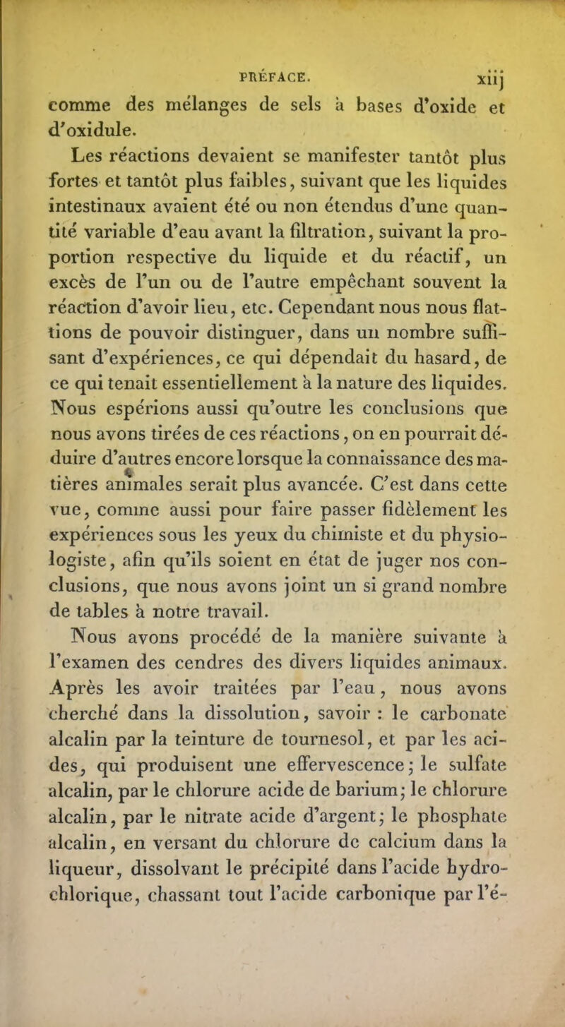 PRÉFACE. Xlij comme des mélanges de sels h bases d’oxide et d’oxidule. Les réactions devaient se manifester tantôt plus fortes et tantôt plus faibles, suivant que les liquides intestinaux avaient été ou non étendus d’une quan- tité variable d’eau avant la filtration, suivant la pro- portion respective du liquide et du réactif, un excès de l’un ou de l’autre empêchant souvent la réaction d’avoir lieu, etc. Cependant nous nous flat- tions de pouvoir distinguer, dans un nombre suffi- sant d’expériences, ce qui dépendait du hasard, de ce qui tenait essentiellement a la nature des liquides. Nous espérions aussi qu’outre les conclusions que nous avons tirées de ces réactions, on en pourrait dé- duire d’autres encore lorsque la connaissance des ma- tières animales serait plus avancée. C’est dans cette vue, comme aussi pour faire passer fidèlement les expériences sous les yeux du chimiste et du physio- logiste, afin qu’ils soient en état de juger nos con- clusions, que nous avons joint un si grand nombre de tables à notre travail. Nous avons procédé de la manière suivante à l’examen des cendres des divers liquides animaux. Après les avoir traitées par l’eau, nous avons cherché dans la dissolution, savoir: le carbonate alcalin par la teinture de tournesol, et par les aci- des, qui produisent une effervescence ; le sulfate alcalin, par le chlorure acide de barium; le chlorure alcalin, par le nitrate acide d’argent; le phosphate alcalin, en versant du chlorure de calcium dans la liqueur, dissolvant le précipité dans l’acide hydro- chlorique, chassant tout l’acide carbonique parl'é-