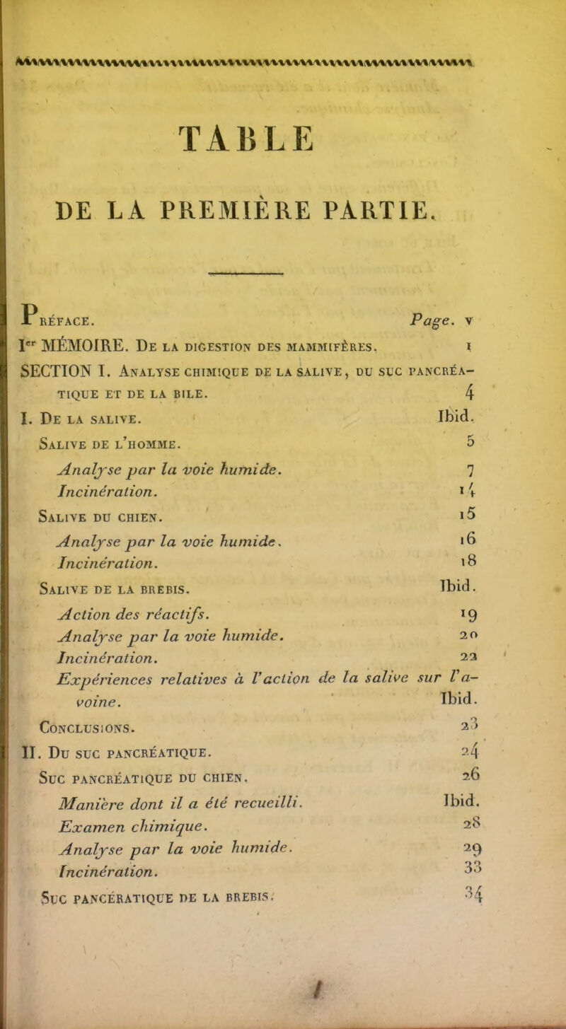 ^MUVVUVUmW\V»\\WV\XVVV\\\AVVVVUVVUVV\VWVV\\VA\WM T A RL E DE LA PREMIÈRE PARTIE. JT RÉFACE. Ier MÉMOIRE. De la digestion des mammifères, SECTION I. Analyse chimique de la salive, du suc TIQUE ET DE LA BILE. I. De LA SALIVE. Salive de l’homme. Analy se par la voie humide. Incinération. Salive du chien. Analyse par la voie humide. Incinération. Salive de la brebis. Action des réactifs. Analyse par la voie humide. Incinération. Expériences relatives à Vaction de la salive voine. Conclusions. II. Du suc pancréatique. Suc PANCRÉATIQUE DU CHIEN. Manière dont il a été recueilli. Examen chimique. Analyse par la voie humide. Incinération. Sl'C PANCÉRATIQUE DE LA BREBIS. Page, v I 1> A NC RÉ A- 4 Ibid. 5 7 *4 i5 .6 18 Ibid. *9 20 23 sur Va- ïbid. 2?> 2 4 26 Ibid. 28 29 33 /