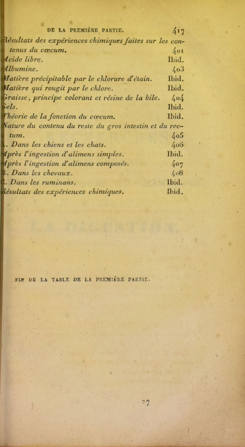 DE LA PREMIÈRE PARTIE. /[ I 7 Insultais des expériences chimiques faites sur les con- tenus du cæcum. Zjoi 4cide libre. Ibid. Albumine. ^o3 latière précipitable par le chlorure d'étain. Ibid. latière qui rougit par le chlore. Ibid. rraisse, principe colorant et résine de la bile. 4°4 'els. Ibid. phéorie de la fonction du cæcum. Ibid. Vature du contenu du reste du gros intestin et du rec- tum. 4o5 . Dans les chiens et les chats. 4°^ iprès Vingestion d’alimens simples. Ibid. /près Vingestion d’alimens composés. 4°7 Dans les chevaux. /,.ot$ !. Dans les ruminons. Ibid. lésultats des expériences chimiques. Ibid. Fl.y DE LA TABLE DE LA PREMIERE PARTIE.