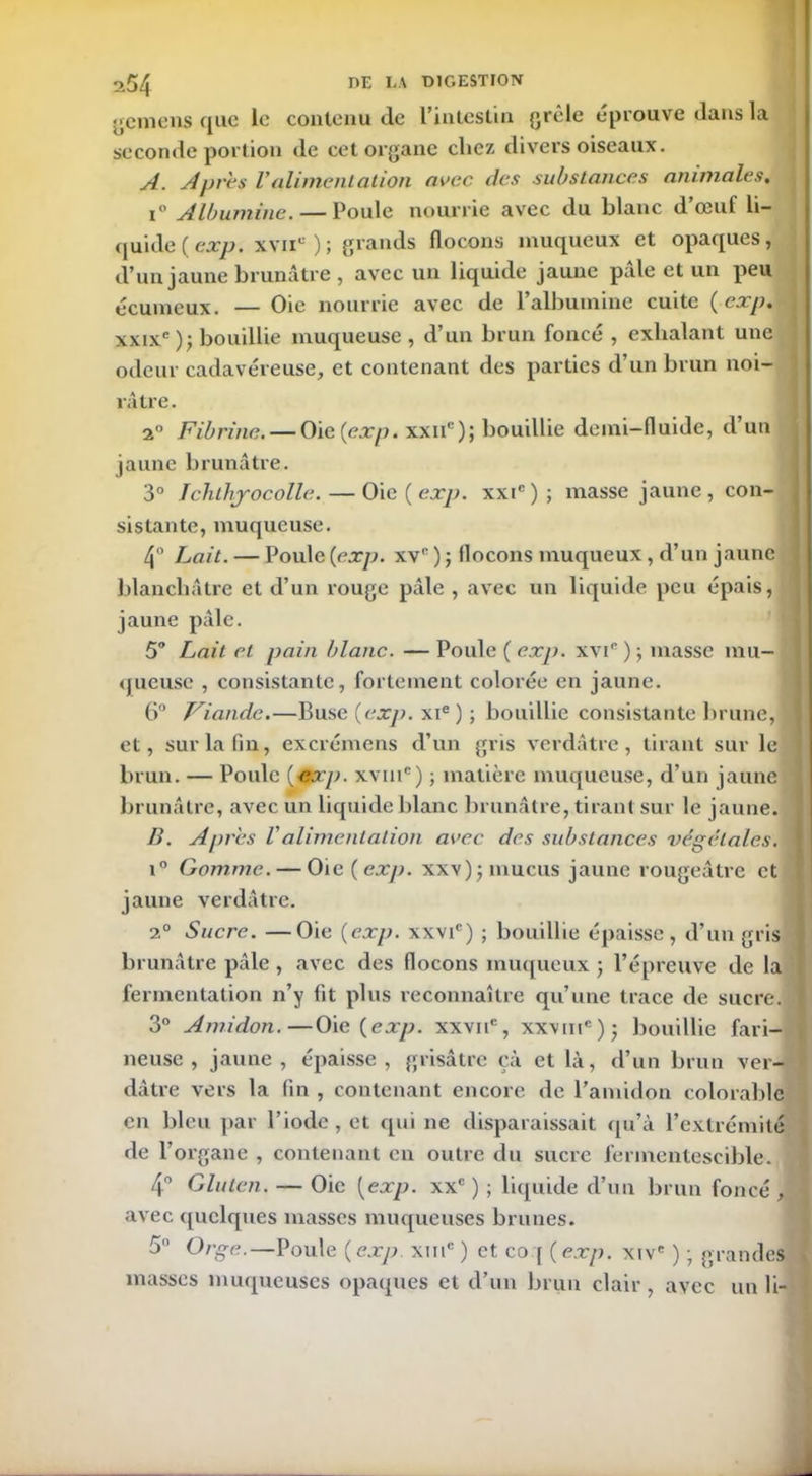 gemens que le contenu de l’intestin grêle éprouvé dans la seconde portion de cet organe chez divers oiseaux. A. Apres Valimentation avec, des substances animales. Albumine. — Poule nourrie avec du blanc d œuf li- quide ( exp. xviic); grands flocons muqueux et opaques, d’un jaune brunâtre, avec un liquide jaune pâle et un peu écumeux. — Oie nourrie avec de l’albumine cuite (exp. xxixc ) j bouillie muqueuse , d’un brun foncé , exhalant une odeur cadavéreuse, et contenant des parties d’un brun noi- râtre. 2° Fibrine. — Oie {exp. xxiic); bouillie demi-fluide, d’un jaune brunâtre. 3° Jchlhjocolle.— Oie ( exp. xxie); masse jaune, con- sistante, muqueuse. 4° Lait. — Poule (exp. xve ) ; flocons muqueux, d’un jaune blanchâtre et d’un rouge pâle , avec un liquide peu épais, jaune pâle. 5° Lait et pain blanc. — Poule ( exp. xvie ) ; masse mu- queuse , consistante, fortement colorée en jaune. 6° Viande.—Buse (exp. xie ) ; bouillie consistante brune, et, sur la fin, excrémens d’un gris verdâtre, tirant sur le brun. — Poule (exp. xvuic) ; matière muqueuse, d’un jaune brunâtre, avec un liquide blanc brunâtre, tirant sur le jaune. B. Apres Valimentation avec des substances végétales. i° Gomme. — Oie (exj). xxv); mucus jaune rougeâtre et jaune verdâtre. 2° Sucre. —Oie (exp. xxvic) ; bouillie épaisse, d’un gris brunâtre pâle , avec des flocons muqueux ; l’épreuve de la fermentation n’y fit plus reconnaître qu’une trace de sucre. 3° Amidon.—Oie (exp. xxvnc, xxvme)j bouillie fari- neuse , jaune , épaisse , grisâtre çà et là, d’un brun ver- dâtre vers la fin , contenant encore de l’amidon colorable en bleu par l’iode, et qui ne disparaissait qu’à l’extrémité de l’organe , contenant en outre du sucre fermentescible. ' 4° Gluten. — Oie (exp. xxc ) ; liquide d’un brun foncé , avec quelques masses muqueuses brunes. 5° Orge.—Poule (exp xme ) et co [ (exp. xive ) ; grandes masses muqueuses opaques et d’un brun clair, avec un li-