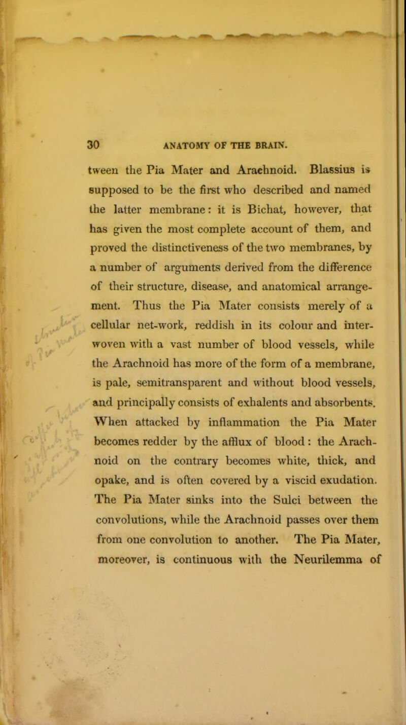 tween the Pia Mater and Arachnoid. Blassiua is supposed to be the first who described and named the latter membrane: it is Bichat, however, that has given the most complete account of them, and proved the distinctiveness of the two membranes, by a number of arguments derived from the difference of their structure, disease, and anatomical arrange- ment. Thus the Pia INIater consists merely of u cellular net-work, reddish in its colour and inter- woven with a vast number of blood vessels, while the Arachnoid has more of the form of a membrane, is pale, semitransparent and without blood vessels, and principally consists of exhalents and absorbents. When attacked by inflammation the Pia Mater becomes redder by the afflux of blood: the Arach- noid on the contrary becomes white, thick, and opake, and is often covered by a viscid exudation. The Pia Mater sinks into the Sulci between the convolutions, while the Arachnoid passes over them from one convolution to another. The Pia Mater, moreover, is continuous with the Neurilemma of