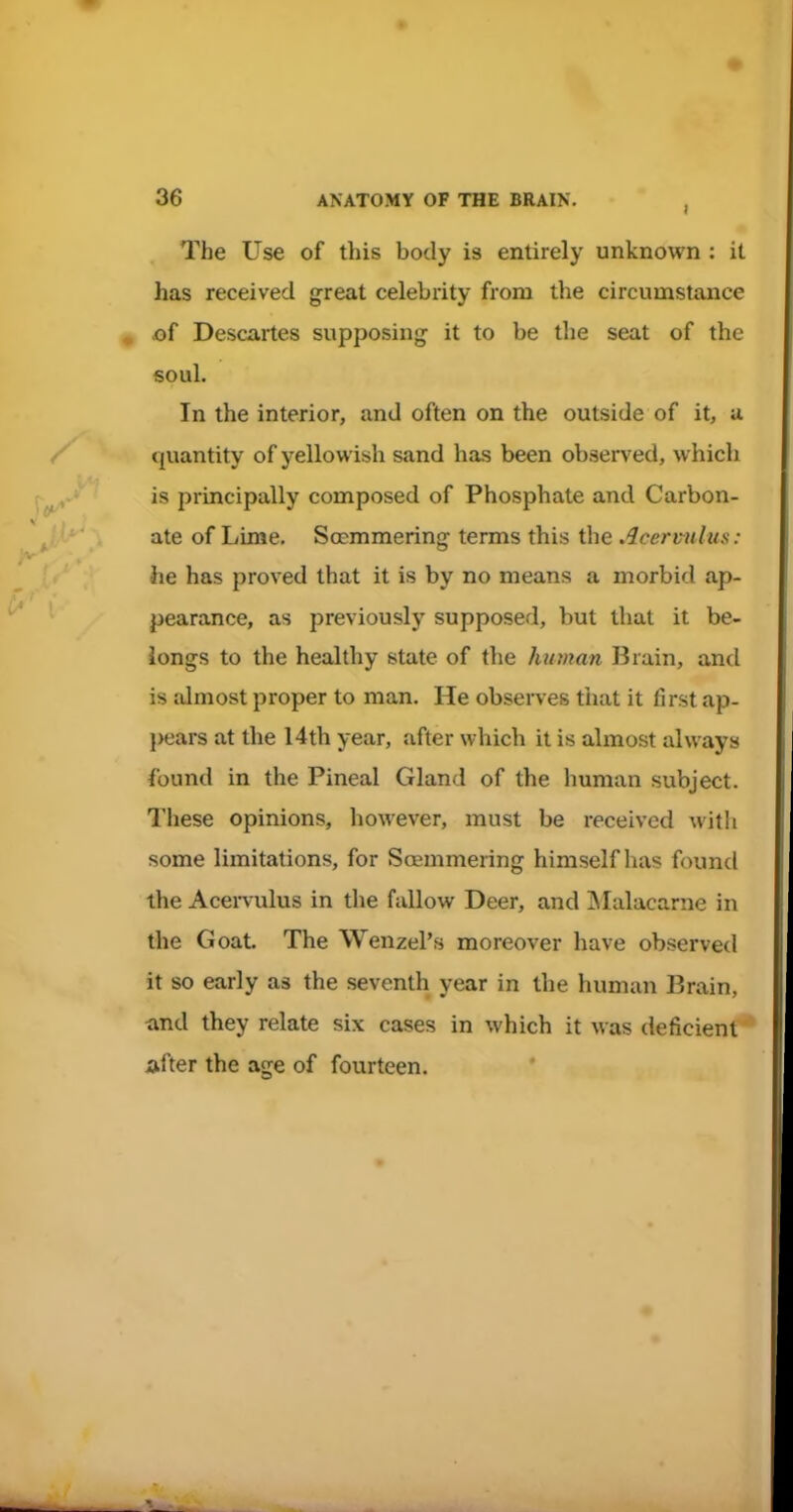 The Use of this body is entirely unknown : it has received g^reat celebrity from the circumstance , jof Descartes supposing it to be the seat of the soul. In the interior, and often on the outside of it, a quantity of yellowish sand has been observed, which is principally composed of Phosphate and Carbon- ate of Lime. Sosmmering terms this the Acermlus: he has proved that it is by no means a morbid ap- pearance, as previously supposed, but that it be- longs to the healthy state of the human Brain, and is almost proper to man. He observes that it first ap- l)ears at the 14th year, after which it is almost always found in the Pineal Gland of the human subject. These opinions, however, must be received witli some limitations, for ScEUimering himself has found the Acen^ulus in the fallow Deer, and INIalacarne in the Goat. The Wenzel's moreover have observed it so early as the seventh year in the human Brain, imd they relate six cases in which it was deficient after the age of fourteen.