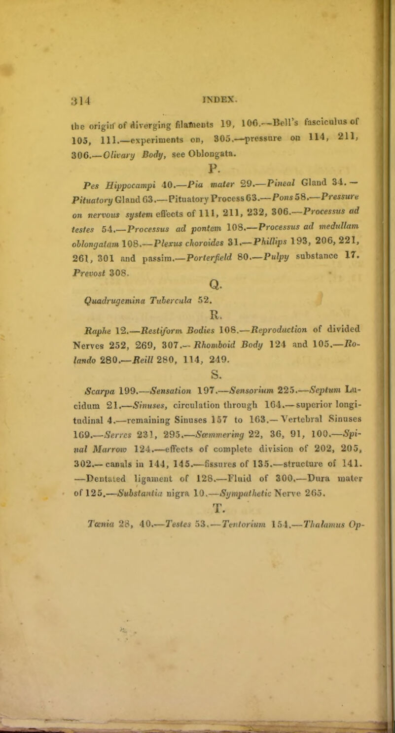 the origin of «»lverging filalheDts 19, IOC—Bell's fasciculus of 105, 111.—experiments on, 305.—pressure ou 114, 211, 306.—0/»ia*i/ Body, see Oblongata. P. Pes Hippocampi 40.—Pia mater 29.—Pineal Gland 34.— Pitiiatonj Glaud 03.—PituatoryProcess63.—Pons58.—Prepare on nervous system eflects of 111, 211, 232, 306.—ProfMS«« ad testes 5A.—Processus ad pontem 108.—Processus ad medullam ollongafam 108.—Plexus choroides il.—Phillips 193, 206, 221, 261, 301 and passim.—Porterfield 80—Pulpy substance IT. Prevost 308. Q. Quadrugemina Tubercula 52. R. Baphe 12.—Restiform Bodies \06.—Reproduction of divided Nerves 252, 269, i07.-Rhomboid Body 124 and 105.—/?o- Wo 280.—i?ei« 280, 114, 249. S. Scarpa 199.—Sensation 197.—Sensorlum 225.—Septum Lu- cidum 21.—Sinuses, circulation through 104.— superior longi- tudinal 4.—remaining Sinuses 157 to 163.—Vertebral Sinuses IGQ.—Serres 231, 295.—Sammering 22, 36, 91, 100.—Spi- nal Marrow 124.—effects of complete division of 202, 205, 302.—canals in 144, 145.—fissures of 135.—structure of 141. —Dentiiied ligament of 128.—Fluid of 300.—Dura laater of 125.—Substaittia nigra 10.—Sympatheti!:'Serve 265. T. Tcenia 2S, 40.—Testes 5i. —Tentorium 15^.—Thalamus Op-