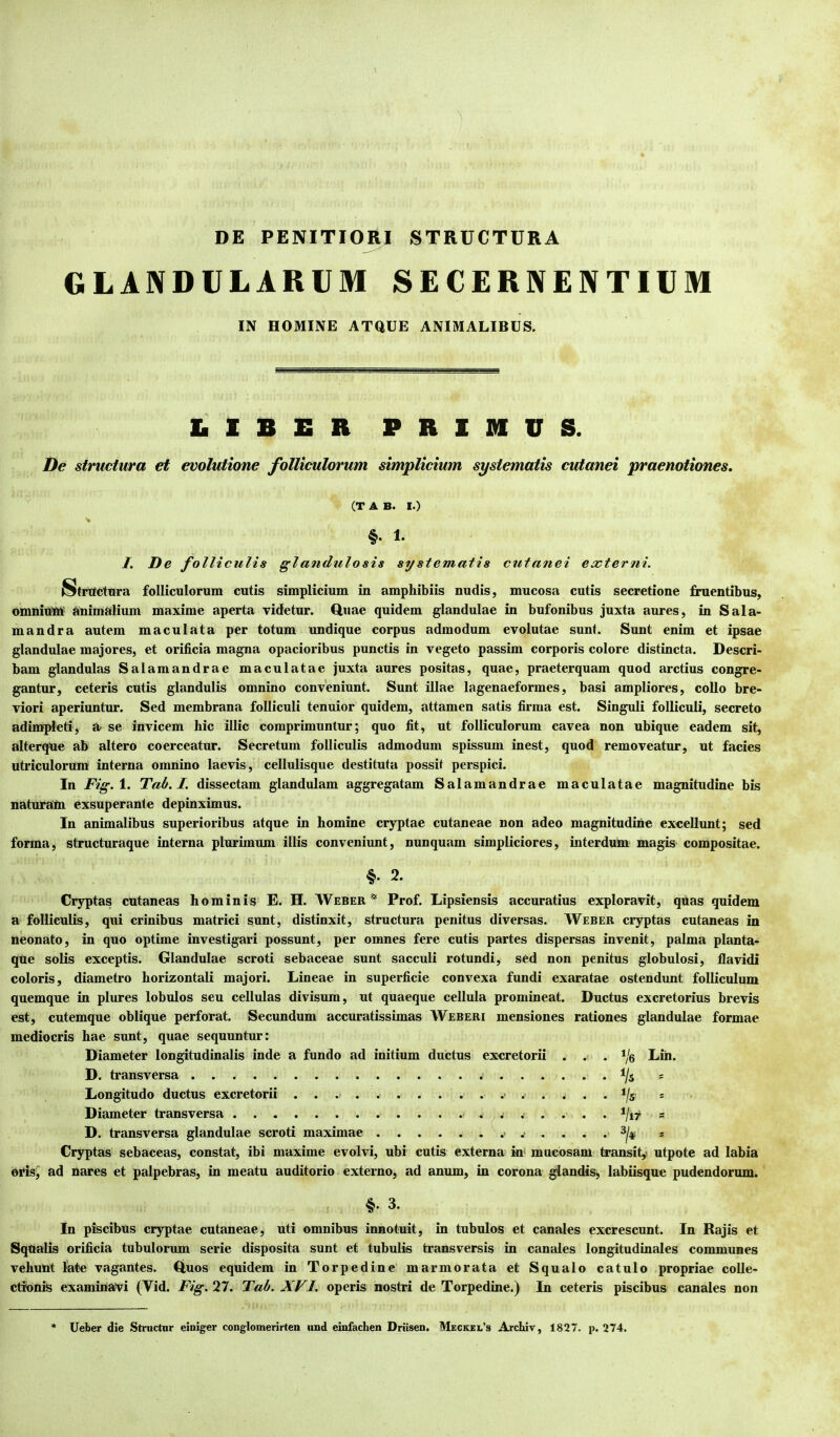 DE PENITIOJRI STRUCTURA GLANDULARUM SECERNENTIUM IN HOMINE ATQUE ANIMALIBUS. LIBER PRIMUS. De structura et evolutione folliculorum simplicium systematis cutanei praenotiones. (T A B. I.) §. 1. I. De fo lliculis glandulosis systernatis cutanei externi. jStrilctnra folliculorum cutis simplicium in amphibiis nudis, mucosa cutis secretione finientibus, omniu^M dnimulium maxime aperta videtur. Quae quidem glandulae in bufonibus juxta aures, in Sala- mandra autem maculata per totum uudique corpus admodum evolutae sunt. Sunt enim et ipsae glandulae majores, et orificia magna opacioribus punctis in vegeto passim corporis colore distincta. Descri- bam glandulas Salamandrae maculatae juxta aures positas, quae, praeterquam quod arctius congre- gantur, ceteris cutis glandulis omnino conveniunt. Sunt illae lagenaeformes, basi ampliores, collo bre- viori aperiuntur. Sed membrana folliculi tenuior quidem, attamen satis firma est. Singuli folliculi, secreto adimpleti, a^ se invicem hic illic comprimuntur; quo fit, ut folliculorum cavea non ubique eadem sit, alterque ab altero coerceatur. Secretum folliculis admodum spissum inest, quod removeatur, ut facies utriculorum interna omnino laevis, cellulisque destituta possit perspici. In Fig.l. Tab. I. dissectam glandulam aggregatam Salamandrae maculatae magnitudine bis naturailu exsuperante depinximus. In animalibus superioribus atque in homine cryptae cutaneae non adeo magnitudine excellunt; sed forma, structuraque interna plurimum illis conveniunt, nunquam simpliciores, interdum magis compositae. §. 2. Cryptas cutaneas hominis E. H. Webeb* Prof. Lipsiensis accuratius exploravit, quas quidem a folliculis, qui crinibus matrici sunt, distinxit, structura penitus diversas. Webeb cryptas cutaneas in neonato, in quo optime investigari possunt, per omnes fere cutis partes dispersas invenit, palma planta- qtte solis exceptis. Glandulae scroti sebaceae sunt sacculi rotundi, sed non penitus globulosi, flavidi coloris, diametro horizontali majori. Lineae in superficie convexa fundi exaratae ostendunt folliculum quemque in plures lobulos seu cellulas divisum, ut quaeque cellula promineat. Ductus excretorius brevis est, cutemque oblique perforat. Secundum accuratissimas Weberi mensiones rationes glandulae formae mediocris hae sunt, quae sequuntur: Diameter longitudinalis inde a fundo ad initium ductus exscretorii . Lih. D. transversa t/5 = Longitudo ductus excretorii ................. 1/5- = Diameter transversa . . . . . i. . . . . . */i7 s D. transversa glandulae scroti maximae ^ 2^4; s Cryptas sebaceas, constat, ibi maxime evolvi, ubi cutis externa in< mucosam transit,; utpote ad labia orisj ad nares et palpebras, in meatu auditorio externo, ad anum, in corona glandis^ labiisque pudendorum. ; §.3. In piscibus cryptae cutaneae, uti omnibus innotuit, in tubulos et canales excrescunt. In Rajis et Squalis orificia tubulorum serie disposita sunt et tubulis transversis in canales longitudinales communes vehunt fete vagantes. Quos equidem in Torpedine marmorata et Squalo catulo propriae colle- ctionis examinavi (Vid. Fig. 27. Tab. XVI. operis nostri de Torpedine.) In ceteris piscibus canales non Ueber die Struetur einiger conglomerirten und einfachen Driisen. Meckel’s ArcLiv, 1827. p. 274.