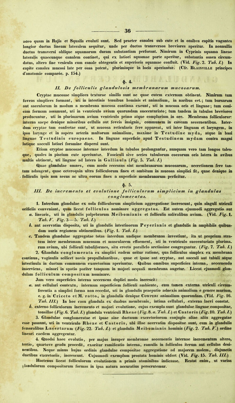 aaeo quam in Rajis et Squalis evoluti sunt. Sed praeter canales sub cute et in ossibus capitis vagantes longior ductus lineam lateralem sequitur, unde per ductus transversos breviores aperitur. In nonnullis ductus transversi oblique squamarum duram substantiam perforant. Nimirum in Cyprinis squama lineae lateralis quaecunque canalem continet, qui ex latiori squamae parte aperitur, substantia ossea circum- datus, altero fine vesicula cum canale obtegentis et superioris squamae confluit. (Vid. Fig. 2. Tab. /.) In capite canales mucosi late per ossa patent, plurimisque in locis aperiuntur. (Cfr. Blainville principes d’anatomie comparce, p. 154.) §. 4. II. De folliculis glandulosis membranarum mucosarum. Cryptae mucosae simplices texturae similis sunt ac quae cutem externam obtinent. Nimirum tum foveas simplices formant, uti in intestinis tenuibus hominis et animalium, in naribus cet.; tum bursarum aut sacculorum in modum a membrana mucosa continua exeunt, uti in mucosa oris et linguae; tum coni- cam formam assumunt, uti in ventriculo avium quarundam succenturiato; tum tandem in tubulos breviores producuntur, uti in plurimarum avium ventriculo primo atque complurium in ore. Membrana folliculorur: interna saepe denique minoribus cellulis aut foveis insignis, communem in caveam secernentibus. Inter- dum cryptae tam confertae sunt, ut mucosa reticularis fere appareat, uti inter linguam et laryngem, in ipso larynge et in aspera arteria multorum animalium, maxime in Testudine myda, atque in basi linguae Testudinis europaeae. In linguae superficie apud Testudinem mydam contra magni latique sacculi latiori foramine dispersi sunt. Etiam cryptae mucosae internae interdum in tubulos prolonganfur, nunquam vero tam longos tales- que, quales in piscium cute aperiuntur. Fasciculi sive series tubulorum coecorum oris latera in avibus multis obtinent, uti linguae ad latera in Gallinula {Fig. 5. Tab. /.) Guae glandulae omnes, cum modo recessus sint membranarum mucosarum, secretionem fere tan- tum adaugent, quae ceteroquin ultra folliculorum fines et ambitum in mucosa simplici fit, quae denique in . folliculis ipsis non secus ac ultra eorum fines a superficie membranarum perficitur. §. 5. III. De incremento et evolutione folliculorum simplicium in glandulas conglomer atas. 1. Interdum glandulae ex sola folliculorum simplicium aggregatione increscunt, quin singuli utriculi orificiis conveniant, quas liceat folliculos nominare aggregatos. Est autem ejusmodi aggregatio aut a. linearis, uti in glandulis palpebrarum Meibomianis et folliculis salivalibus avium. (Vid. Fig.\. Tab. V. Fig. 3 — 5. Tab. I.) b. aut acervatim disposita, uti in glandulis intestinorum Peyerianis et glandulis in amphibiis quibus- dam auris regionem obtinentibus. {Fig. 1. Tab. /.) c. Tandem glandulae aggregatae totas interdum undique membranas investiunt, ita ut proprium stra- tum inter membranam mucosam et muscularem eftorment, uti in ventriculo succenturiato plurima. rum avium, ubi folliculi tubuliformes, situ erecto parallelo arctissime congregantur. {Fig. 7. Tab. /.) 2. Glandula conglomerata ex simplici eadem oritur ratione, qua folliculus simplex ex membrana continua, vaginulis scilicet novis propullulantibus, quae et ipsae aut cryptae, aut sacculi aut tubuli atque intestinula in ductum communem excretorium aperiuntur. Quibus omnibus superficies interna, secernendo inserviens, minori in spatio pariter tanquam in majori aequali membrana augetur. ' Liceat ejusmodi glan- dulam folliculum compositum nominare. Jam vero superficies interna secernens duplici modo increscit: a. aut cellulari contextu, internam superficiem folliculi ambiente, cum tamen externa utriculi circum- ferentia a simplici forma non recedat, uti in glandulis praeputio adnexis animalium e genere murium, e. g. in Criceto etM. ratto., in glandulis denique Cowperi animalium quorundam. (Vid. Fig. 16. Tab. III.) In hoc casu glandula ex duabus membranis, intima cellulari, externa laevi constat. b. externo folliculorum incremento et majori evolutione, cujus exempla sunt glandulae linguae compositae, tonsillae {Fig.^. Tab.I.) glandula ventriculi Rheae {Fig.^. a. Tab.l.) et Castoris {Fig. 10. Tab.I.) 3. Glandulae conglomeratae et ipsae sine ductuum excretoriorum conjugio aliae aliis aggregatae esse possunt, uti in ventriculo Rheae et Castoris, ubi illae acervatim dispositae sunt, cum in glandulis femoralibus Lacertarum {Fig. 22. Tab. /.) et glandulis Meibomianis hominis {Fig. 2. Tab. V.) ordine lineari eaedem aggregentur. 4. Quodsi haec evolutio, per majus insuper membranae secernentis internae incrementum altero, tertio, quarto ve gradu procedit, exoritur ramificatio interna, ramulis in folliculos iterum aut cellulas desi- nentibus. Neque minus hujus ordinis glandulae compositae aggregatione ad majorem molem, disjunctis ductibus excretoriis, increscunt. Cujusmodi exemplum prostata hominis obfert (Vid. Fig. Ib. Tab. III.) Hactenus liceat folliculorum evolutionem a primis staminibus indicasse. Restat enim, ut varias glandularum compositarum formas in ipsa natura accuratius perscrutemur.