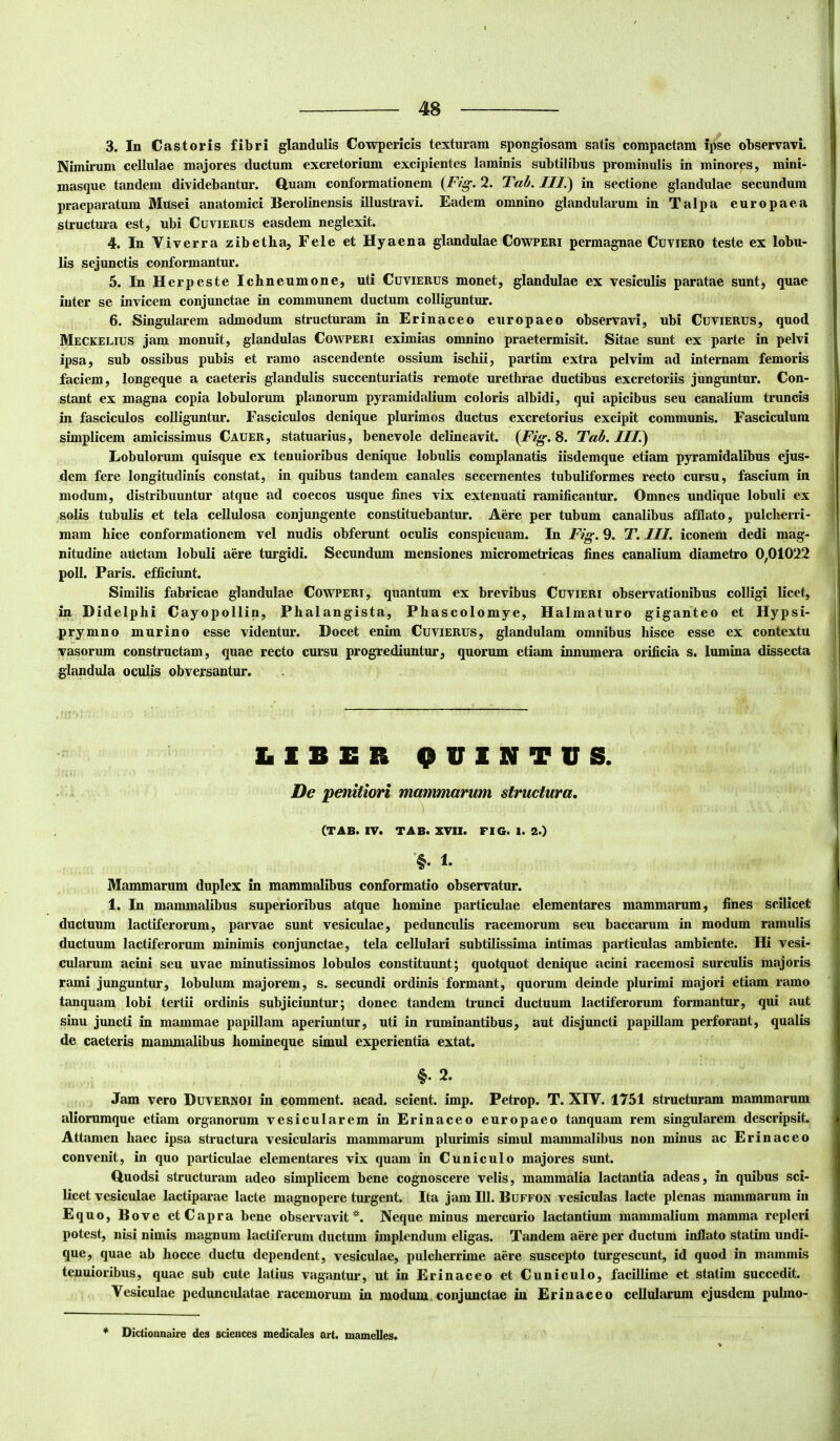 3. In Castoris fibri glandulis Cowpericis texturam spongiosam satis compactam ipse observavi. Nimirum ceUulae majores ductum excretorium excipientes laminis subtilibus prominulis in minores, mini- masque tandem dividebantur. Quam conformationem {Fig. 2. Tab. ///.) in sectione glandulae secundum praeparatum Musei anatomici Berolinensis illustravi. Eadem omnino glandularum in Talpa europaea structura est, ubi Cuvierus easdem neglexit. 4. In Viverra zibetha, Fele et Hyaena glandulae Cowperi permagnae Cuviero teste ex lobu- lis sejunctis conformantur. 5. In Herpeste Ichneumone, uti Cuvierus monet, glandulae ex vesiculis paratae sunt, quae inter se invicem conjunctae in communem ductum colliguntur. 6. Singularem admodum structuram in Erinaceo europaeo observavi, ubi Cuvierus, quod Meckelius jam monuit, glandulas Cowperi eximias omnino praetermisit. Sitae sunt ex parte in pelvi ipsa, sub ossibus pubis et ramo ascendente ossium ischii, partim extra pelvim ad internam femoris faciem, longeque a caeteris glandulis succenturiatis remote urethrae ductibus excretoriis junguntur. Con- stant ex magna copia lobulorum planorum pyramidalium coloris albidi, qui apicibus seu canalium truncis in fasciculos colliguntur. Fasciculos denique plurimos ductus excretorius excipit communis. Fasciculum simplicem amicissimus Cauer, statuarius, benevole delineavit. {Fig.^. Tab. Lobulorum quisque ex tenuioribus denique lobulis complanatis iisdemque etiam pyramidalibus ejus- dem fere longitudinis constat, in quibus tandem canales secernentes tubuliformes recto cursu, fascium in modum, distribuuntur atque ad coecos usque fines vix extenuati ramificantur. Omnes undique lobuli ex solis tubulis et tela cellulosa conjungente constituebantur. Aere per tubum canalibus afflato, pulclicrri- mam hice conformationem vel nudis obferunt oculis conspicuam. In Fig. 9. T. III. iconem dedi mag- nitudine aiictam lobuli aere turgidi. Secundum mensiones micrometricas fines canalium diametro 0,01022 poli. Paris, efficiunt. Similis fabricae glandulae Cowperi, quantum ex brevibus Cuvieri observationibus colligi licet, in Didelphi Cayopollin, Phalangista, Phascolomye, Halmaturo giganteo et Hypsi- prymno murino esse videntur. Docet enim Cuvierus, glandulam omnibus hisce esse ex contextu vasorum constructam, quae recto cursu progrediuntur, quorum etiam innumera orificia s. lumina dissecta glandula oculis obversantur. LIBER QUINTUS. De penitiori mammarum structura. (TAB. IV. TAB. XVII. FIG. 1. 2.) §. 1. Mammarum duplex in mammalibus conformatio observatur. 1. In mammalibus superioribus atque homine particulae elementares mammarum, fines scilicet ductuum lactiferorum, parvae sunt vesiculae, pedunculis racemorum seu baccarum in modum ramulis ductuum lactiferorum minimis conjunctae, tela cellulari subtilissima intimas particulas ambiente. Hi vesi- cularum acini seu uvae minutissimos lobulos constituunt; quotquot denique acini racemosi surculis majoris rami junguntur, lobulum majorem, s. secundi ordinis formant, quorum deinde plurimi majori etiam ramo tanquam lobi tertii ordinis subjiciuntur; donec tandem trunci ductuum lactiferorum formantur, qui aut sinu juncti in mammae papillam aperiuntur, uti in ruminantibus, aut disjuncti papillam perforant, qualis de caeteris mammalibus homiueque simul experientia extat. §• 2. Jam vero Duvernoi in comment. acad. scient, imp. Petrop. T. XIV. 1751 structuram mammarum aliorumque etiam organorum vesicularem in Erinaceo europaeo tanquam rem singularem descripsit. Attamen haec ipsa structura vesicularis mammarum plurimis simul mammalibus non minus ac Erinaceo convenit, in quo particulae elementares vix quam in Cuniculo majores sunt. Quodsi structuram adeo simplicem bene cognoscere velis, mammalia lactantia adeas, in quibus sci- licet vesiculae lactiparae lacte magnopere turgent. Ita jam IU. Buffon vesiculas lacte plenas mammarum in Equo, Bove et Capra bene observavit Neque minus mercurio lactantium mammalium mamma repleri potest, nisi nimis magnum lactiferum ductum implendum eligas. Tandem aere per ductum inflato statim undi- que, quae ab hocce ductu dependent, vesiculae, pulcherrime aere suscepto turgescunt, id quod in mammis tenuioribus, quae sub cute latius vagantur, ut in Erinaceo et Cuniculo, facillime et statim succedit. Vesiculae pedunculatae racemorum in modum conjunctae in Erinaceo cellularum ejusdem pubno- * Dictionnaire des Sciences medicales art. mamelles.