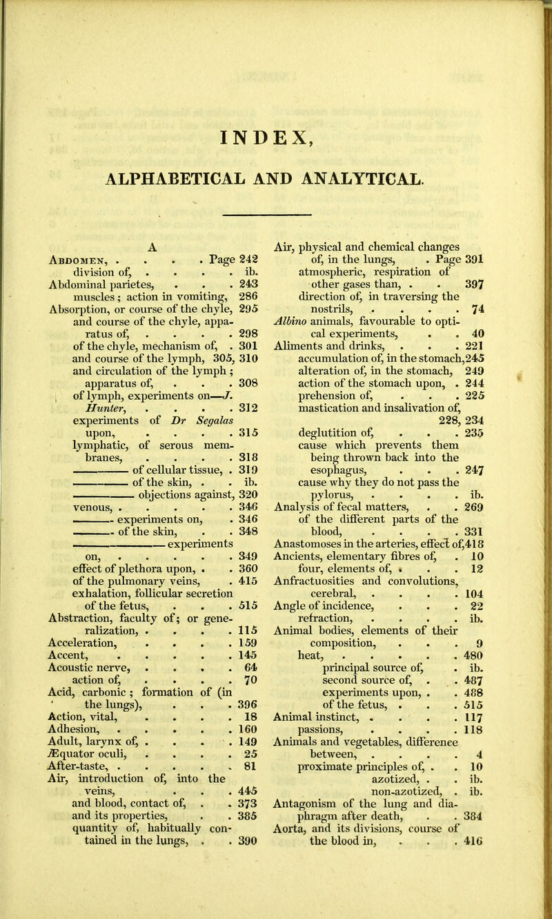 INDEX ALPHABETICAL AND ANALYTICAL. Abdomen, .... Page 242 division of, . . . . ib. Abdominal parietes, . . . 243 muscles ; action m vomiting, 286 Absorption, or course of the chyle, 295 and course of the chyle, appa- ratus of, . . . . 298 of the chyle, mechanism of, . 301 and course of the lymph, 305, 310 and circulation of the lymph ; apparatus of, . , of lymph, experiments on—J. Hunter, .... experiments of Dr Segalas upon, .... lymphatic, of serous mem- branes, .... of cellular tissue, . of the skin, . objections against, 320 venous, ..... 346 ——— experiments on, . 346 of the skin, . . 348 experiments 308 312 315 318 319 ib. effect of plethora upon, . of the pulmonary veins. Air, physical and chemical changes of, in the lungs, . Page 391 atmospheric, respiration of other gases than, . . 397 direction of, m traversing the nostrils, • 74 Albino anhnals, favourable to opti- cal experiments, . . 40 Aliments and drinks, . . .221 accumulation of, in the stomach,245 alteration of, in the stomach, 249 action of the stomach upon, . 244 prehension of, ... 225 mastication and insalivation of, 228, 234 deglutition of, . . . 235 cause which prevents them being thrown back into the esophagus, . . . 247 cause why they do not pass the pylorus, . . . . ib. Analysis of fecal matters, . . 269 of the different parts of the blood, . . . .331 Anastomoses in the arteries, effecî of,418 of the fetus. . 349 Ancients, elementary fibres of. 10 . 360 four, elements of, . 12 . 415 Anfractuosities and convolutions. n cerebral, . . . . 104 . 515 Angle of incidence. 22 refraction, . . . . ib. ralization, . . . . 115 Annual bodies, elements of their Acceleration, . . . . 159 composition. 9 Accent, 145 heat, 480 Acoustic nerve, .... 64 principal source of. ib. action of, ... . 70 second source of. 487 Acid, carbonic ; formation of (in experiments upon, . 488 ' the lungs). 396 of the fetus, . 515 Action, vital, .... Adhesion, 18 Annual instinct, .... 117 160 passions, .... 118 Adult, larynx of, . 149 Animals and vegetables, difference Æquator oculi, .... 25 between, .... 4 After-taste, 81 proximate principles of, . 10 Air, introduction of, into the azotized, . ib. veins, . . . 445 non-azotized, . ib. and blood, contact of, 373 Antagonism of the lung and dia- and its properties. 385 phragm after death. 384 quantity of, habitually con- tained in the lungs, . 390 Aorta, and its divisions, course of the blood m, . . 416