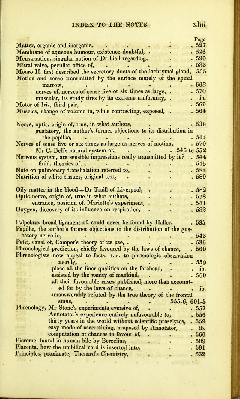 Page Matter, organic and inorganic, . , , . , 527 Membrane of aqueous humour, existence doubtful, . . . .5.^6 Menstruation, singular notion of Dr Gall regarding, , . 590 Mitral valve, peculiar office of, . . . . • 583 Monro II. first described the secretory ducts of the lachrymal gland, 535 Motion and sense transmitted by the surface merely of the spinal marrow, ...... 568 nerves of, nerves of sense five or six times as large, . . 570 muscular, its study tires by its extreme uniformity, . . ib. Motor of Iris, third pair, ...... 569 Muscles, change of volume in, while contracting, exposed, . . 564 Nerve, optic, origin of, true, in what authors, . . .538 gustatory, the author’s former objections to its distribution in the papillæ, ...... 543 Nerves of sense five or six times as large as nerves of motion, . 570 Mr C. Bell’s natural system of, . . . 546 to 552 Nervous system, are sensible impressions really transmitted by it? . 544 fluid, theories of, . . . . . . 545 Note on pulmonary transhalation referred to, . . . 583 Nutrition of white tissues, original text, .... 589 Oily matter in the blood—Dr Traill of Liverpool, . . . 582 Optic nerve, origin of, true in what authors, . . . 538 entrance, position of, Mariotte’s experiment, . . .541 Oxygen, discovery of its influence on respiration, . . . 582 Palpebræ, broad ligament of, could never be found by Haller, . 535 Papillæ, the author’s former objections to the distribution of the gus- tatory nerve in, ...... 543 Petit, canal o^ Camper’s theory of its use, .... 536 Phrenological prediction, chiefly favoured by the laws of chance, . 560 Phrenologists now appeal to facts, i, e. to phrénologie observation merely, ...... 559 place all the finer qualities on the forehead, . . ib. assisted by the vanity of mankind, . . . 560 all their favourable cases, published, more than account- ed for by the laws of chance, . . . ib. unanswerably refuted by the true theory of the frontal sinus, .... 555-6, 601-5 Phrenology, Mr Stone’s experiments eversive of, . . . 557 Annotator’s experience entirely unfavourable to, . 556 thirty years in the world without scientific proselytes, . 559 easy mode of ascertaining, proposed by Annotator, . ib. computation of chances in favour of, . . . 560 Picromel found in human bile by Berzelius, . . . 589 Placenta, how the umbilical cord is inserted into, • . . 591 Principles, proximate, Thenard’s Chemistry, . . , 532