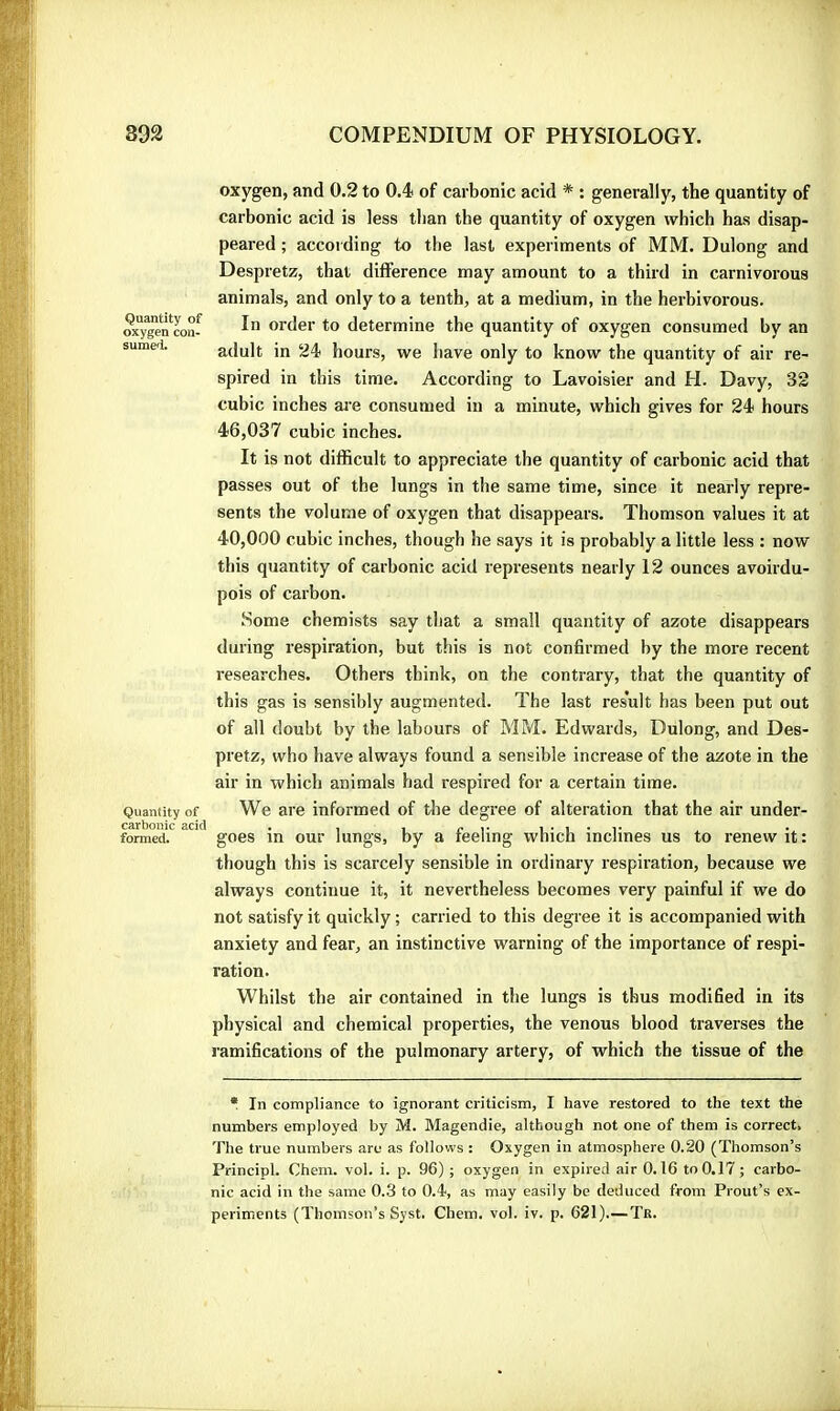 Quantity of oxygen con- sumed. Quantity of carbonic acid formed. oxygen, and 0.2 to 0.4 of carbonic acid * : generally, the quantity of carbonic acid is less than the quantity of oxygen which has disap- peared ; according to the last experiments of MM. Dulong and Despretz, that difference may amount to a third in carnivorous animals, and only to a tenth, at a medium, in the herbivorous. In order to determine the quantity of oxygen consumed by an adult in 24 hours, we have only to know the quantity of air re- spired in this time. According to Lavoisier and H. Davy, 32 cubic inches aie consumed in a minute, which gives for 24 hours 46,037 cubic inches. It is not difficult to appreciate the quantity of carbonic acid that passes out of the lungs in the same time, since it nearly repre- sents the volume of oxygen that disappears. Thomson values it at 40,000 cubic inches, though he says it is probably a little less : now this quantity of carbonic acid represents nearly 12 ounces avoirdu- pois of carbon. Some chemists say that a small quantity of azote disappears during respiration, but this is not confirmed by the more recent researches. Others think, on the contrary, that the quantity of this gas is sensibly augmented. The last result has been put out of all doubt by the labours of MM. Edwards, Dulong, and Des- pretz, who have always found a sensible increase of the azote in the air in which animals had respired for a certain time. We are informed of the degree of alteration that the air under- goes in our lungs, by a feeling which inclines us to renew it : though this is scarcely sensible in ordinary respiration, because we always continue it, it nevertheless becomes very painful if we do not satisfy it quickly ; carried to this degree it is accompanied with anxiety and fear, an instinctive warning of the importance of respi- ration. Whilst the air contained in the lungs is thus modified in its physical and chemical properties, the venous blood traverses the ramifications of the pulmonary artery, of which the tissue of the • In compliance to ignorant criticism, I have restored to the text the numbers employed by M. Magendie, although not one of them is correct. The true numbers are as follows : Oxygen in atmosphere 0.20 (Thomson’s Principl. Chem. vol. i. p. 96) ; oxygen in expired air 0.16 to 0.17 ; carbo- nic acid in the same 0.3 to 0.4, as may easily be deduced from Front’s ex- periments (Thomson’s Syst. Chem. vol. iv. p. 621).—Tr.