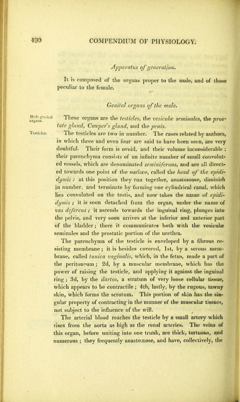 Male geni organs. Testicles. Apparatus of generation. It is composed of the organs proper to the male, and of tliose peculiar to the female. Genital organs of the male. These organs are the testicles, the vesiculæ séminales, the pros- tate gland, Coxopers gland, and the penis. The testicles are tw'o in number. The cases related by authors, in vvliich three and even four are said to have been seen, are very doubtful. Their form is ovoid, and their volume inconsiderable ; their parenchyma consists of an infinite number of small convolut- ed vessels, which are denominated seminiferous, and are all direct- ed towards one point of the surface, called the head of the epidi- dymis : at this position they run together, anastomose, diminish in number, and terminate by forming one cylindrical canal, which lies convoluted on the testis, and now takes the name of epidi- dipnis ; it is soon detached from the organ, under the name of vas deferens ; it ascends towai'ds the inguinal ring, plunges into the pelvis, and very soon arrives at the inferior and anterior part of the bladder ; there it communicates both with the vesiculæ séminales and the prostatic portion of the urethra. The parenchyma of the testicle is enveloped by a fibrous re- sisting membrane ; it is besides covered, 1st, by a serous mem- brane, called tuTiica vaginalis, which, in the fetus, made a part of the peritoneum ; 2d, by a muscular membrane, which has the power of raising the testicle, and applying it against the inguinal ring ; 3d, by the dartos, a stratum of very loose cellular tissue, which appears to be contractile ; 4th, lastly, by the rugous, tawny skin, which forms the scrotum. This portion of skin has the sin- gular property of contracting in the manner of the muscular tissues, not subject to the influence of the will. The arterial blood reaches the testicle by a small artery which rises from the aorta as high as the renal arteries. The veins of this organ, before uniting into one trunk, are thick, tortuous, and numerous ; they frequently anastomose, and have, collectively, the