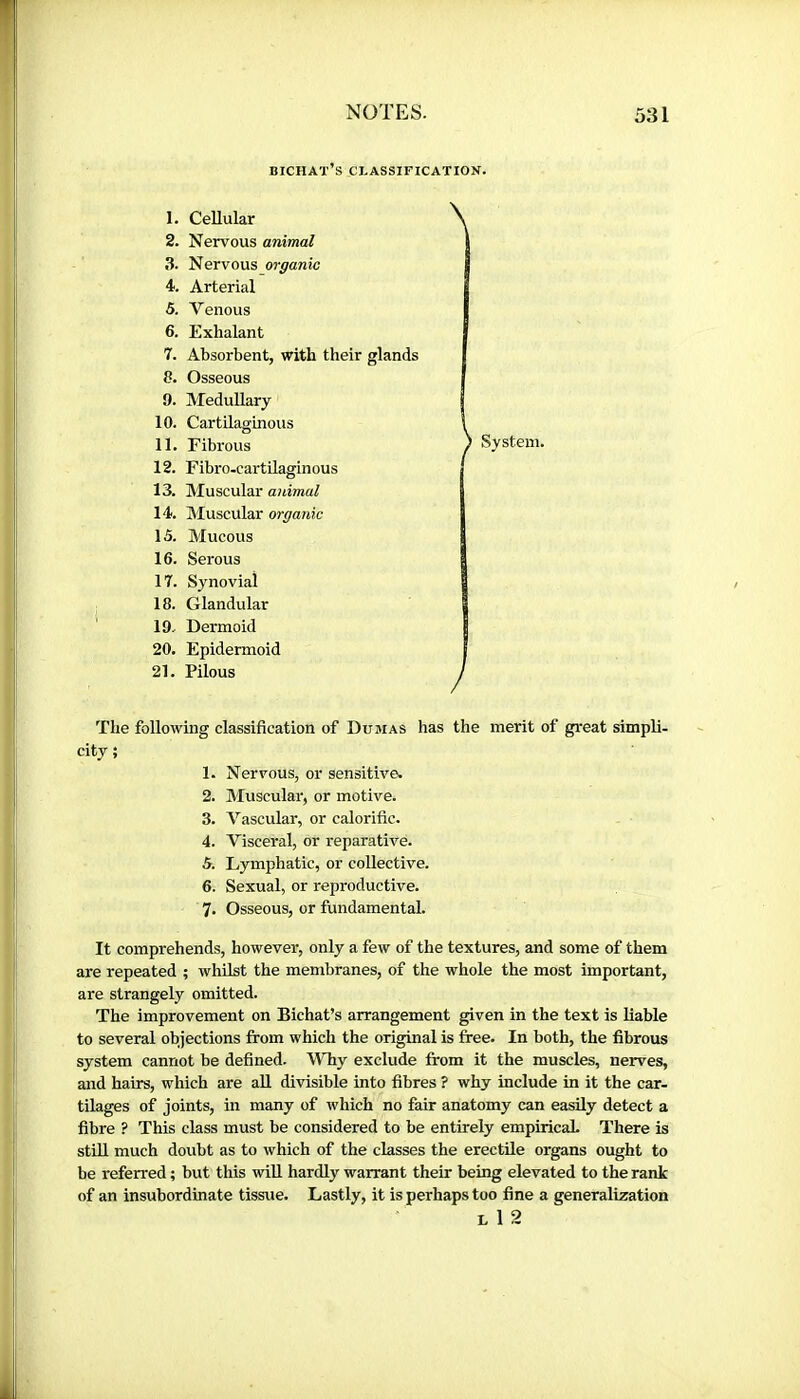 Bichat’s classification. 1. Cellular 2. Nervous animal 3. Nervous or^ranic 4. Arterial 5. Venous 6. Exhalant 7. Absorbent, with their glands 8. Osseous 9. MeduUary 10. Cartilaginous 11. Fibrous 12. Fibro-cartilaginous 13. Muscular animal 14. Muscular organic 13. Mucous 16. Serous 17. Synovial 18. Glandular 19. Dermoid 20. Epidermoid 21. Pilous The following classification of Dumas has the merit of great simpli- city ; 1. Nervous, or sensitive. 2. Muscular, or motive. 3. Vascular, or calorific. 4. Visceral, or reparative. 5. Lymphatic, or collective. 6. Sexual, or reproductive. 7. Osseous, or fundamental. It comprehends, however, only a few of the textures, and some of them are repeated ; whilst the membranes, of the whole the most important, are strangely omitted. The improvement on Bichat’s arrangement given in the text is liable to several objections from which the original is free. In both, the fibrous system cannot be defined. Why exclude from it the muscles, nerves, and hairs, which are all divisible into fibres ? why include in it the car- tilages of joints, in many of which no fair anatomy can easily detect a fibre ? This class must be considered to be entirely empiricaL There is stUl much doubt as to which of the classes the erectile organs ought to be referred ; but this wifi, hardly warrant their being elevated to the rank of an insubordinate tissue. Lastly, it is perhaps too fine a generalization I. 1 2 \ System. /