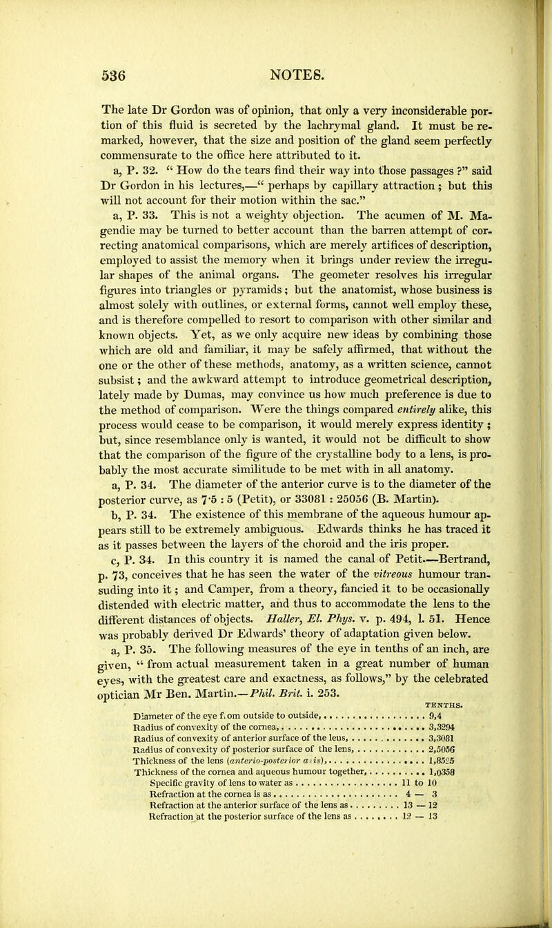The late Dr Gordon was of opinion, that only a very inconsiderable por- tion of this fluid is secreted by the lachrymal gland. It must be re- marked, however, that the size and position of the gland seem perfectly commensurate to the office here attributed to it. a, P. 32. “ How do the tears find their way into those passages ?” said Dr Gordon in his lectures,—“ perhaps by capillary attraction ; but this win not account for their motion within the sac.” a, P. 33. This is not a weighty objection. The acumen of M. Ma- gendie may be turned to better account than the barren attempt of cor- recting anatomical comparisons, which are merely artifices of description, employed to assist the memory when it brings under review the irregu- lar shapes of the animal organs. The geometer resolves his irregular figures into triangles or pyramids ; but the anatomist, whose business is almost solely with outlines, or external forms, cannot well employ these, and is therefore compelled to resort to comparison with other similar and known objects. Yet, as we only acquire new ideas by combining those which are old and familiar, it may be safely affirmed, that without the one or the other of these methods, anatomy, as a written science, cannot subsist ; and the awkward attempt to introduce geometrical description, lately made by Dumas, may convince us how much preference is due to the method of comparison. Were the things compared entirely alike, this process would cease to be comparison, it would merely express identity ; but, since resemblance only is wanted, it would not be difficult to show that the comparison of the figure of the crj^staUine body to a lens, is pro- bably the most accurate similitude to be met with in all anatomy. a, P. 34. The diameter of the anterior curve is to the diameter of the posterior curve, as 7'5 :5 (Petit), or 33081 : 25056 (B. Martin). b, P. 34. The existence of this membrane of the aqueous humour ap- pears stUl to be extremely ambiguous. Edwards thinks he has traced it as it passes between the layers of the choroid and the iris proper. c, P. 34. In this country it is named the canal of Petit—Bertrand, p. 73, conceives that he has seen the water of the vitreous humour tran- suding into it ; and Camper, from a theory, fancied it to be occasionally distended with electric matter, and thus to accommodate the lens to the different distances of objects. Haller, El. Phys. v. p. 494, 1. 51. Hence was probably derived Dr Edwards’ theory of adaptation given below. a, P. 35. The following measures of the eye in tenths of an inch, are given, “ from actual measurement taken in a great number of human eyes, with the greatest care and exactness, as follows,” by the celebrated optician Mr Ben. Martin—Phil. Brit. i. 253. TENTHS. Diameter of the eye f^om outside to outside, 9,4 Radius of convexity of the cornea, 3,3294 Radius of convexity of anterior surface of the leus, .. . • 3,3081 Radius of convexity of posterior surface of the lens, 2,5056 Thickness of ÛïQ\ens {anterio-posterior ads), 1,8525 Thickness of the cornea and aqueous humour together, 1,0358 Specific gravity of lens to water as 11 to 10 Refraction at the cornea is as 4 — 3 Refraction at the anterior surface of the lens as 13 — 12 Refraction at the posterior surface of the lens as ....... . 12 — 13