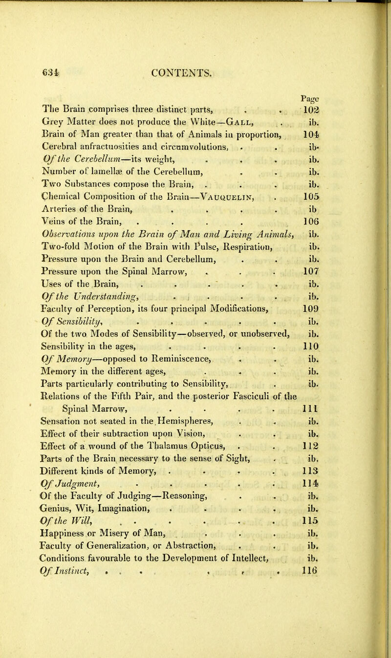 Page The Brain comprises three distinct parts, Grey Matter does not produce the VVl)ite—Gall, Brain of Man greater than that of Animals in proportion. Cerebral anfractuosities and circomvolutions, Of the Cerebellum—its weight, Number of lamellae of the Cerebellum, Two Substances compose the Brain, Chemical Composition of the Brain—Vauquelin, Arteries of the Brain, .... Veins of the Brain, .... Observations upon the Brain of Man and Living Animals, Two-fold Motion of the Brain with Pulse, Respiration, Pressure upon the Brain and Cerebellum, Pressure upon the Spinal Marrow, Uses of the Brain, . . . ' . Of the Understanding, . , . Faculty of Perception, its four principal Modifications, Of Sensibility, ..... Of the two Modes of Sensibility—observed, or unobserved. Sensibility in the ages, .... Of Memory—opposed to Reminiscence, Memory in the different ages. Relations of the Fifth Pair, and the posterior Fasciculi of the Spinal Marrow, . . . . Ill Sensation not seated in the. Hemispheres, . . ib. Effect of their subtraction upon Vision, . . ib. Effect of a wound of the Thalamus Opticus, . . 112 Parts of the Brain necessary to the sense of Sight, . ib. Different kinds of Memory, . . . , 113 Of Judgment, . . . . . 114 Of the Faculty of Judging—Reasoning, . . ib. Genius, Wit, Imagination, . . . . ib. Of the Will, . . . . . . 115 Happiness or Misery of Man, ... ib. Faculty of Generalization, or Abstraction, . . ib. Conditions favourable to the Development of Intellect, ib. Cf Instinct, ... , , .116 ib. 104 ib. ib, ib. ib. 105 ib 106 ib. ib. ib. 107 ib. ib. 109 ib. ib. 110 ib. ib.