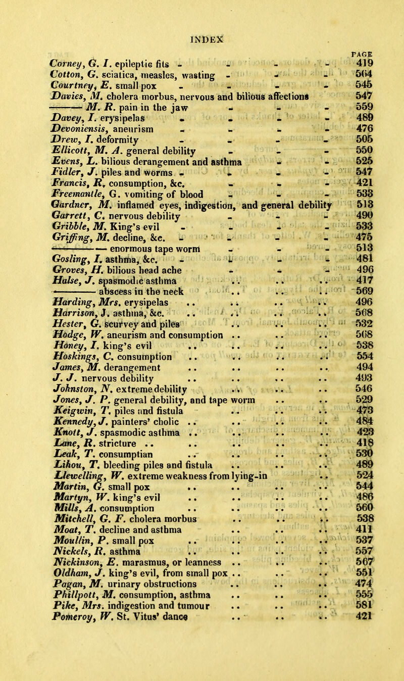 PAGE Corney, G. I. epileptic fits - - - - 419 Cotton, G. sciatica, measles, wasting - 504 Courtney, E. small pox _ - - 545 Davies, M. cholera morbus, nervous and bilious affections 547 M. R. pain in the jaw - 559 Davey, I. erysipelas • . - - 489 Devoniensis, aneurism - 476 Drew, I. deformity - 505 Ellicott, M. A. general debility - 550 Evens, L. bilious derangement and asthma - - 525 Fidler, J. piles and worms - I - - 547 Francis, R, consumption, &c. - 421 Freemanlle, G. vomiting of blood - - - 533 Gardner, M. inflamed eyes, indigestion, and general debility 513 Garrett, C. nervous debility * - - 490 Gribble, M. King's evil - - - - 533 Griffing, M. decline, &c. - ' - - - 475 •— >— enormous tape worm - 513 Gosling, I. asthma, &c. l 481 Groves, H. bilious head ache - - - 496 Halse, J. spasmodic asthma .. .. .. 417 abscess in the neck .. .. .. 569 Harding, Mrs. erysipelas .. .. .. .. 496 Harrison, 3. asthma, &c. .. . * .» 5C8 Hester, G. scurvey and piles .. . . 532 Hodge, W. aneurism and consumption .. . • . • 508 Honey, I, king's evil .. .. .. .. ' 538 Hoskings, C consumption .. .. .. . • 554 James, M. derangement .. .. .. .. 494 J. J. nervous debility .. .. .. .. 493 Johnston, N. extreme debility .» .. .. 546 Jones, J. P. general debility, and tape worm .. .. 529 Keigwin, T. piles and fistula .. .. •. 473 Kennedy, J. painters' cholic .. .. .. •. 484 Knott, J. spasmodic asthma .. .. .. . ■ 423 Lane, R. stricture .. .. .. 418 Leak, T. consumptian . r .. .. .. 530 Lihou, T. bleeding piles and fistula .. .. .. 489 Llewelling, W. extreme weakness from lying-in .. 524 Martin, G. small pox .. .. .. • • 544 Martyn, W. king's evil .. .. .. • • 486 Mills, A. consumption .. .. .. • • 560 Mitchell, G. F. cholera morbus .. .. .. 538 Moat, T. decline and asthma .. .. .. 411 Moullin, P. small pox .. .. .. .. 537 Nickels, R. asthma .. .. .. .. 557 Nickinson, E. marasmus, or leanness .. .. • • 567 Oldham, J. king's evil, from small pox .. .. •. 551 Pagan, M. urinary obstructions .. .. .. 474 Phillpott, M. consumption, asthma .. .. • • 555 Pike, Mrs. indigestion and tumour .. .. • • 581 Pomeroy, W. St. Vitus' danc« .. .. .. 421