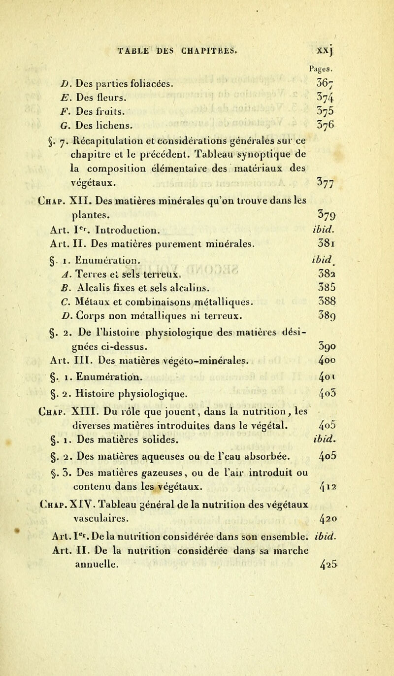 D. Des parties foliacées. E. Des fleurs. F. Des fruits. G. Des lichens. Pages. 575 376 §. 7. Récapitulation et considérations générales sur ce chapitre et le précédent. Tableau synoptique de la composition élémentaire des matériaux des végétaux. 377 Chap. XII. Des matières minérales qu’on trouve dans les plantes. 379 Art. Ier. Introduction. ibid. Art. II. Des matières purement minérales. 58i §. 1, Enumération. ibid. A. Terres et sels terreux. 38a B. Alcalis fixes et sels alcalins. 385 C. Métaux et combinaisons métalliques. 388 D. Corps non métalliques ni terreux. 38p §. 2. De l’histoire physiologique des matières dési- gnées ci-dessus. 590 Art. III. Des matières végéto-minérales. 4°° §. 1. Enumération. 4°' §. 2. Histoire physiologique. 4°5 Chap. XIII. Du rôle que jouent, dans la nutrition, les diverses matières introduites dans le végétal. 4°5 §. 1. Des matières solides. ibid. §. 2. Des matières aqueuses ou de l’eau absorbée. 4°^ §. 3. Des matières gazeuses, ou de l’air introduit ou contenu dans les végétaux. 412 Chap. XIV. Tableau général de la nutrition des végétaux vasculaires. 420 Art. P1'. De la nutrition considérée dans son ensemble, ibid. Art. II. De la nutrition considérée dans sa marche annuelle. 42^