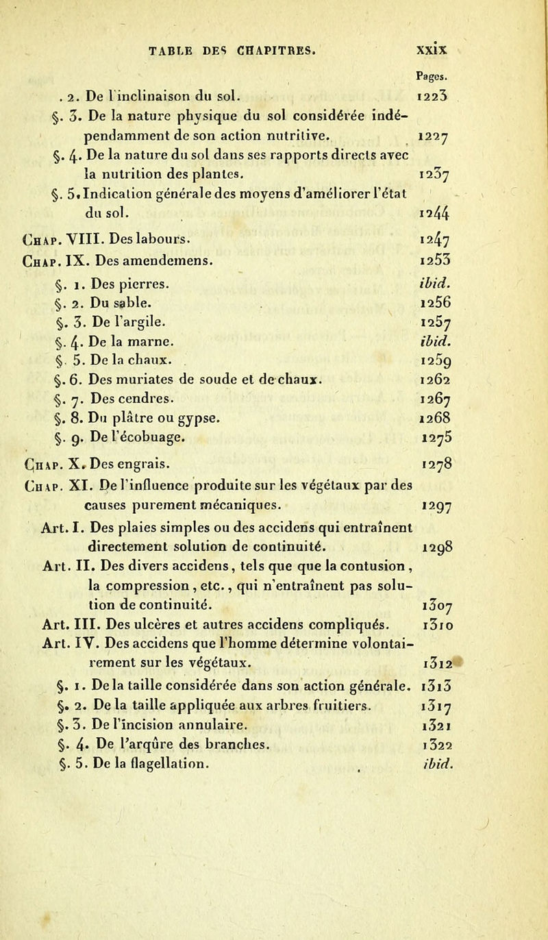 Pages. . 2. De linclinaison du sol. 1223 §. 3. De la nature physique du sol considérée indé- pendamment de son action nutritive. 1227 §. 4- De la nature du sol dans ses rapports directs avec la nutrition des plantes. 1237 §. 5.Indication générale des moyens d’améliorer l’état du sol. 1244 Chap. VIII. Des labours. 1247 Chap. IX. Des amendcinens. 1253 §. 1. Des pierres. ibid. §. 2. Du sable. 1256 §. 3. De l’argile. 1257 §. 4- De la marne. ibid. §. 5. De la chaux. 125g §. 6. Des muriates de soude et de chaux. 1262 §. 7. Des cendres. 1267 §. 8. Du plâtre ou gypse. 1268 §. g. De l’écobuage. 1275 Çiiap. X. Des engrais. 1278 Ch ap. XI. De l’influence produite sur les végétaux par des causes purement mécaniques. ,297 Art. I. Des plaies simples ou des accidens qui entraînent directement solution de continuité. 1298 Art. II. Des divers accidens, tels que que la contusion , la compression , etc., qui n’entraînent pas solu- tion de continuité. iZoj Art. III. Des ulcères et autres accidens compliqués. i3io Art. IV. Des accidens que l’homme détermine volontai- rement sur les végétaux. i3i2 §. 1. Delà taille considérée dans son action générale. i3i3 §. 2. De la taille appliquée aux arbres fruitiers. 1317 §.3. De l’incision annulaire. i32i §. 4* De l’arqûre des branches. i322 §. 5. De la flagellation. _ ibid.