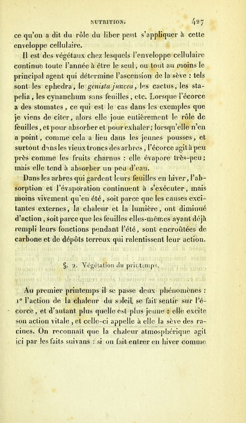 ce qu’on a dit du rôle du liber peut s’appliquer à cette enveloppe cellulaire. Il est des végétaux chez lesquels l’enveloppe cellulaire continue toute l’année à être le seul, ou tout au moins le principal agent qui détermine l’ascension de la sève : tels sont les ephcdra, le genista juncea, les cactus, les sta- pelia , les cynanchum sans feuilles , etc. Lorsque l’écorce a des stomates, ce qui est le cas dans les exemples que je viens de citer, alors elle joue entièrement le rôle de feuilles, et pour absorber et pour exhaler; lorsqu’elle n’en a point, comme cela a lieu dans les jeunes pousses, et surtout dans les vieux troncs des arbres, l’écorce agit à peu près comme les fruits charnus : elle évapore très-peu ; mais elle tend à absorber un peu d’eau. Dans les arbres qui gardent leurs feuilles en hiver, l’ab- sorption et l’évaporation continuent h s’exécuter, mais moins vivement qu’en été, soit parce que les causes exci- tantes externes, la chaleur et la lumière, ont diminué d’action, soit parce que les feuilles elles-mêmes ayant déjà rempli leurs fonctions pendant l’été, sont encroûtées de carbone et de dépôts terreux qui ralentissent leur action. §. 2. Végétation du printemps. Au premier printemps il se passe deux phénomènes : i° l’action de la chaleur du soleil se fait sentir sur l’é- corce, et d’autant plus quelle est plus jeune : elle excite son action vitale , et celle-ci appelle à elle la sève des ra- cines. On reconnaît que la chaleur atmosphérique agit ici par les faits suivons : si on fait entrer en hiver comme