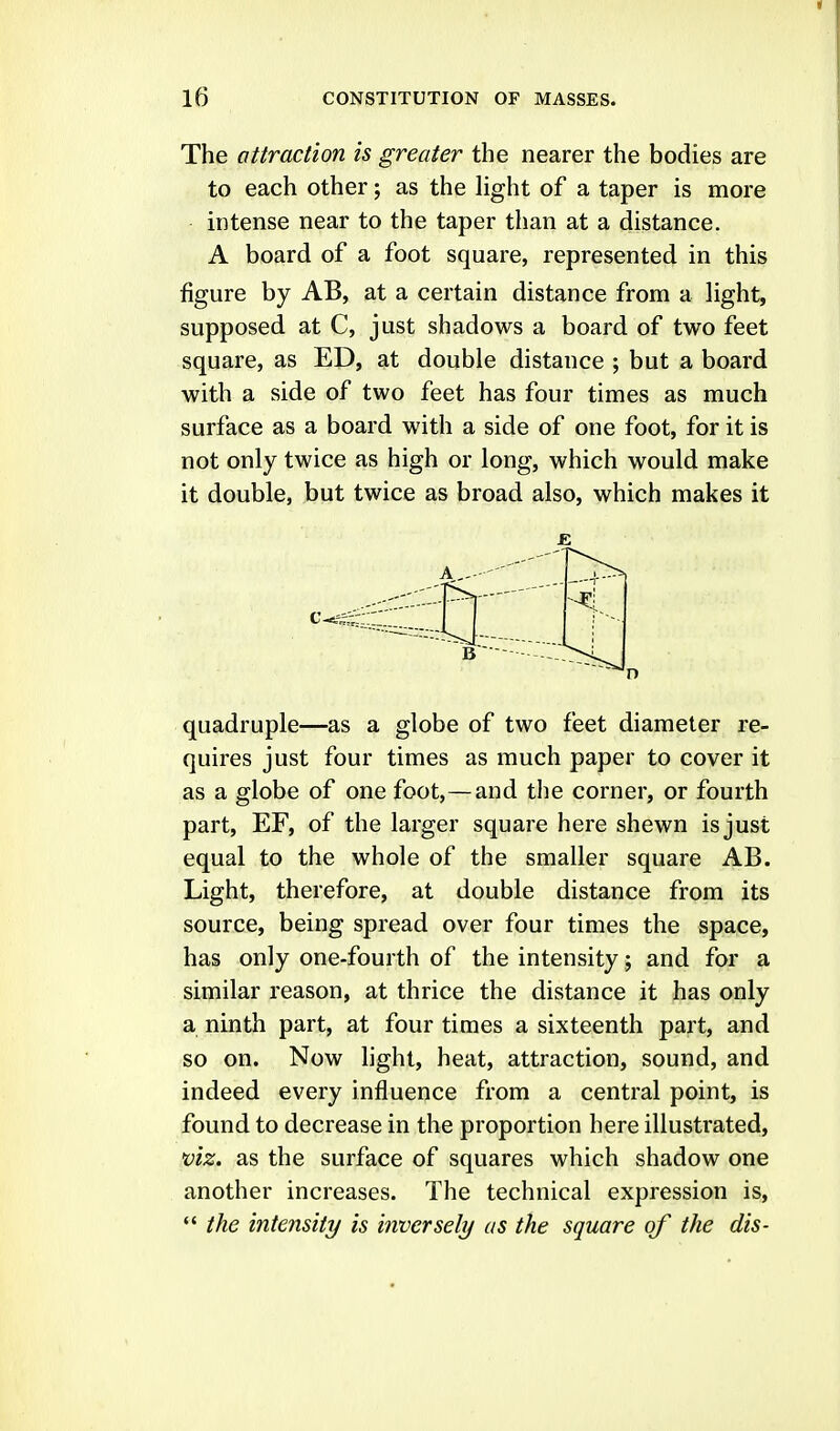 The attraction is greater the nearer the bodies are to each other; as the light of a taper is more intense near to the taper than at a distance. A board of a foot square, represented in this figure by AB, at a certain distance from a light, supposed at C, just shadows a board of two feet square, as ED, at double distance ; but a board with a side of two feet has four times as much surface as a board with a side of one foot, for it is not only twice as high or long, which would make it double, but twice as broad also, which makes it quadruple—as a globe of two feet diameter re- quires just four times as much paper to cover it as a globe of one foot,—and the corner, or fourth part, EF, of the larger square here shewn is just equal to the whole of the smaller square AB. Light, therefore, at double distance from its source, being spread over four times the space, has only one-fourth of the intensity; and for a similar reason, at thrice the distance it has only a ninth part, at four times a sixteenth part, and so on. Now light, heat, attraction, sound, and indeed every influence from a central point, is found to decrease in the proportion here illustrated, viz. as the surface of squares which shadow one another increases. The technical expression is,  the intensity is inversely us the square of the dis-