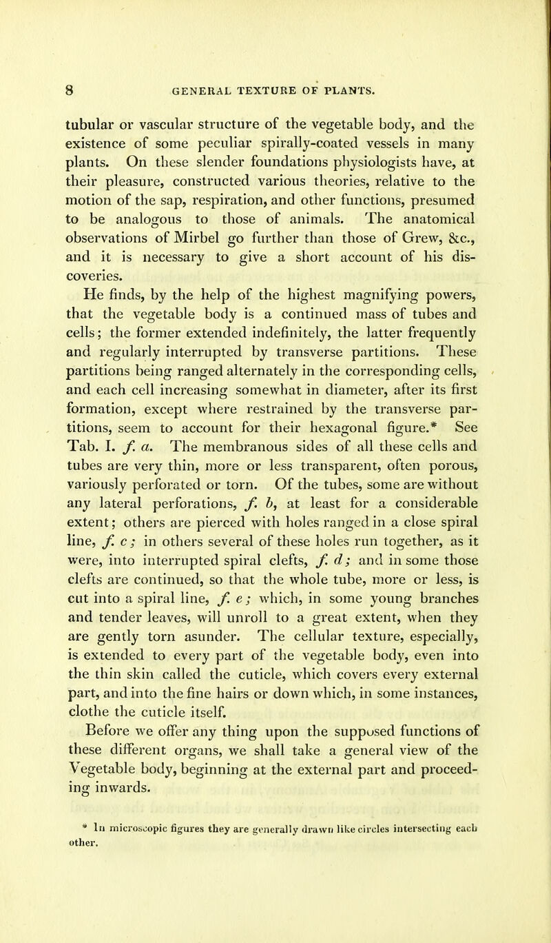 tubular or vascular structure of the vegetable body, and the existence of some peculiar spirally-coated vessels in many plants. On these slender foundations physiologists have, at their pleasure, constructed various theories, relative to the motion of the sap, respiration, and other functions, presumed to be analogous to those of animals. The anatomical observations of Mirbel go further than those of Grew, &c., and it is necessary to give a short account of his dis- coveries. He finds, by the help of the highest magnifying powers, that the vegetable body is a continued mass of tubes and cells; the former extended indefinitely, the latter frequently and regularly interrupted by transverse partitions. These partitions being ranged alternately in the corresponding cells, and each cell increasing somewhat in diameter, after its first formation, except where restrained by the transverse par- titions, seem to account for their hexagonal figure.* See Tab. I. f. a. The membranous sides of all these cells and tubes are very thin, more or less transparent, often porous, variously perforated or torn. Of the tubes, some are without any lateral perforations, f. b, at least for a considerable extent; others are pierced with holes ranged in a close spiral line, /i c ; in others several of these holes run together, as it were, into interrupted spiral clefts, f. d; and in some those clefts are continued, so that the whole tube, more or less, is cut into a spiral line, f.e; which, in some young branches and tender leaves, will unroll to a great extent, when they are gently torn asunder. The cellular texture, especially, is extended to every part of the vegetable body, even into the thin skin called the cuticle, which covers every external part, and into the fine hairs or down which, in some instances, clothe the cuticle itself. Before we offer any thing upon the supposed functions of these different organs, we shall take a general view of the Vegetable body, beginning at the external part and proceed- ing inwards. * 111 microsoopic figures they are generally drawn like circles intersecting each other.