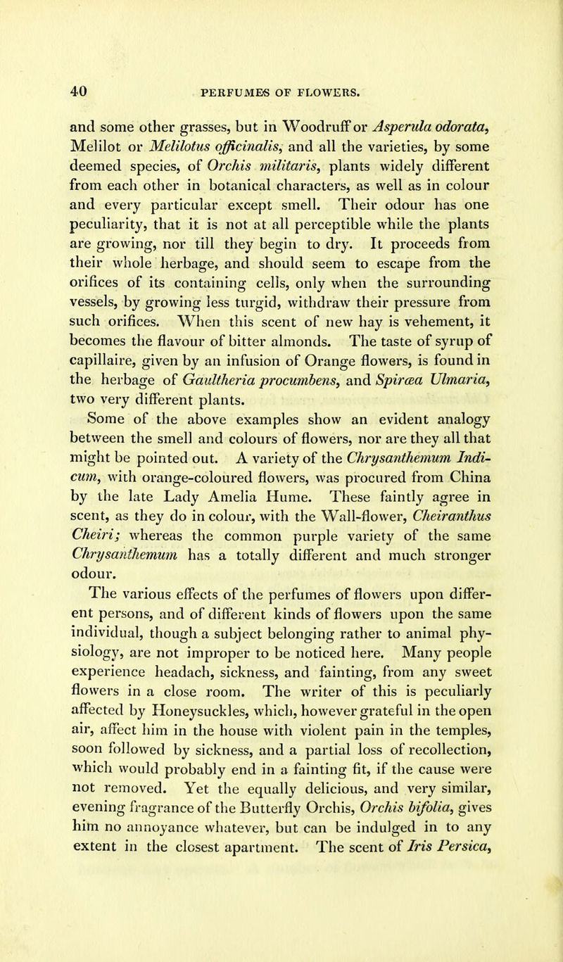 and some other grasses, but in Woodruff or Asperula odorata^ Melilot or Melilotus officinalis, and all the varieties, by some deemed species, of Orchis militaris, plants widely different from each other in botanical characters, as well as in colour and every particular except smell. Their odour has one peculiarity, that it is not at all perceptible while the plants are growing, nor till they begin to dry. It proceeds from their whole herbage, and should seem to escape from the orifices of its containing cells, only when the surrounding vessels, by growing less turgid, withdraw their pressure from such orifices. When this scent of new hay is vehement, it becomes the flavour of bitter almonds. The taste of syrup of capillaire, given by an infusion of Orange flowers, is found in the herbage of Gaultheria procumbens, and Spircea Ulmaria, two very different plants. Some of the above examples show an evident analogy between the smell and colours of flowers, nor are they all that might be pointed out. A variety of the Chrysanthemum Indi- cum, with orange-coloured flowers, was procured from China by the late Lady Amelia Hume. These faintly agree in scent, as they do in colour, with the Wall-flower, Cheiranthus Cheii-i; whereas the common purple variety of the same Chrysanthemum has a totally different and much stronger odour. The various effects of the perfumes of flowers upon differ- ent persons, and of different kinds of flowers upon the same individual, though a subject belonging rather to animal phy- siology, are not improper to be noticed here. Many people experience headach, sickness, and fainting, from any sweet flowers in a close room. The writer of this is peculiarly affected by Honeysuckles, which, however grateful in the open air, affect him in the house with violent pain in the temples, soon followed by sickness, and a partial loss of recollection, which would probably end in a fainting fit, if the cause were not removed. Yet the equally delicious, and very similar, evening fragrance of the Butterfly Orchis, Orchis bifolia, gives him no annoyance whatever, but can be indulged in to any extent in the closest apartment. The scent of Iris Persica,