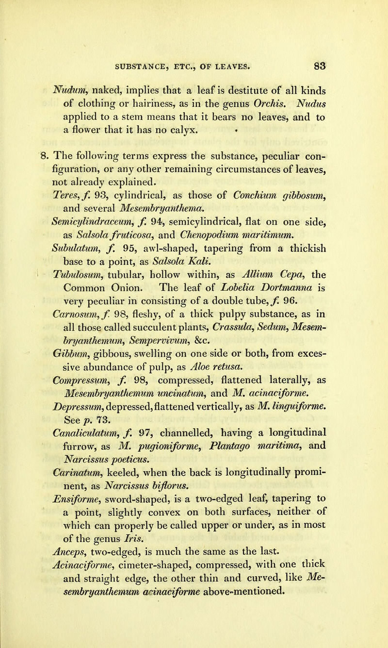 NudunUi naked, implies that a leaf is destitute of all kinds of clothing or hairiness, as in the genus Orchis. Nudus applied to a stem means that it bears no leaves, and to a flower that it has no calyx. 8. The following terms express the substance, peculiar con- figuration, or any other remaining circumstances of leaves, not already explained. Teres,/. 93, cylindrical, as those of Concilium gihhosum, and several Mesembryanthema. Semicylindraceum, f. 94, semicylindrical, flat on one side, as Salsola fruticosa, and Chenopodium maritimum. Subulatum, f. 95, awl-shaped, tapering from a thickish base to a point, as Salsola Kali. '< Tubulosum, tubular, hollow within, as Allium Cepa, the Common Onion. The leaf of Lobelia Dortmanna is very peculiar in consisting of a double tube,/! 96. Carnosum,/. 98, fleshy, of a thick pulpy substance, as in all those called succulent plants, Crassula, Sedum, Mesem- bryanthemum, Sempervivum, &c. Gibbum, gibbous, swelling on one side or both, from exces- sive abundance of pulp, as Aloe retusa. Compressum, f. 98, compressed, flattened laterally, as Mesembryanthemum uncinatum, and M. acinaciforme. Z)epre5SM»?, depressed, flattened vertically, as M. linguiforme. See p. 73. Canaliculatum, f. 97, channelled, having a longitudinal furrow, as M. pugioniforme, Plantago maritima, and Narcissus poeticus. Carinatum, keeled, when the back is longitudinally promi- nent, as Narcissus bijlorus. Ensiforme, sword-shaped, is a two-edged leaf, tapering to a point, slightly convex on both surfaces, neither of which can properly be called upper or under, as in most of the genus Iris. Anceps, two-edged, is much the same as the last. Acinaciforme, cimeter-shaped, compressed, with one thick and straight edge, the other thin and curved, like Me- sembryanthemum acinaciforme above-mentioned.