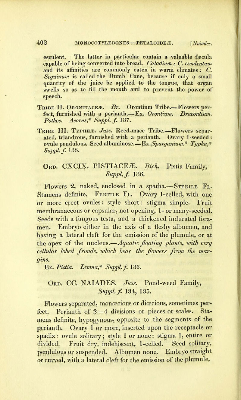 esculent. The latter in particular contain a valuable fsecula capable of being converted into bread. Caladium ; C. esculentum and its affinities are commonly eaten in vrarm climates : C. Seguinum is called the Dumb Cane, because if only a small quantity of the juice be applied to the tongue, that oi'gan swells so as to fill the mouth arfd to prevent the power of speech. Tribe II. ORONTiACEiE. Br. Orontium Tribe—Flowers per- fect, furnished with a perianth.—Ex. Orontium. Dracontium. Pothos. Acorus,* Suppl. f. 137. Tribe III. TvPHEiE. Juss. Reed-mace Tribe.—Flowers separ- ated, triandrous, furnished with a perianth. Ovary 1-seeded : ovule pendulous. Seed albumiuose.—^yi.Sparganium.* Typha,* Suppl. f. 138. Ord. CXCIX. PISTIACE^. Rich. Pistia Family, Suppl. f. 136. Flowers 2, naked, enclosed in a spatha.—Sterile Fl. Stamens definite. Fertile Fl. Ovary 1-celIed, with one or more erect ovules: style short: stigma simple. Fruit membranaceous or capsular, not opening, 1- or many-seeded. Seeds with a fungous testa, and a thickened indurated fora- men. Embryo either in the axis of a fleshy albumen, and having a lateral cleft for the emission of the plumule, or at the apex of the nucleus.—Aquatic floating plants, with very cellular lobed fronds, which bear the flowers from the mar- gins. Ex. Pistia. Lemna,* Suppl. f. 136. Ord. CC. NAIADES. Juss. Pond-weed Family, Suppl. f. 134, 135. Flowers sepai'ated, monoecious or dicEcious, sometimes per- fect. Perianth of 2—4 divisions or pieces or scales. Sta- mens definite, hypogynous, opposite to the segments of the perianth. Ovary 1 or more, inserted upon the receptacle or spadix: ovule solitary; style 1 or none: stigma 1, entire or divided. Fruit dry, indehiscent, 1-celled. Seed solitary, penduloiis or suspended. Albumen none. Embryo straight q^r cuvved, with a lateral cleft for the emission of the plumule,