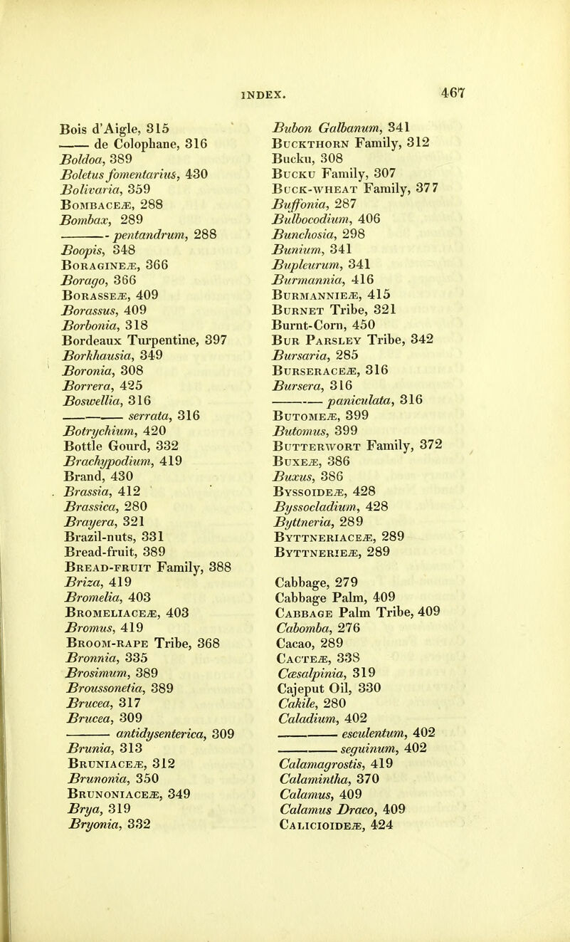 Bois d'Aigle, 315 — de Colophane, 316 Boldoa, 389 Boletus fomentarius, 430 JBolivaria, 359 BoMBACEiE, 288 Bombax, 289 pentandrum, 288 Boopis, 348 BoRAGINEiE, 366 Borago, 366 BORASSE^, 409 Borassus, 409 Borbonia, 318 Bordeaux Turpentine, 397 Borkhausia, 349 Boronia, 308 Borrera, 425 Boswellia, 316 serrata, 316 Botrychium, 420 Bottle Gourd, 332 Br achy podium, 419 Brand, 430 Brassia, 412 Brassica, 280 Bray era, 321 Brazil-nuts, 331 Bread-fruit, 389 Bread-fruit Family, 388 Briza, 419 Bromelia, 403 BromeliacejE, 403 Bromus, 419 Broom-rape Tribe, 368 Bronnia, 335 Brosimum, 389 Broussonetia, 389 Brucea, 317 Brucea, 309 ■ antidysenterica, 309 Brunia, 313 BruniacEjE, 312 Brunonia, 350 BRUNONIACEiE, 349 319 Bryonia, 332 Bubon Galbanum, 341 Buckthorn Family, 312 Bucku, 308 BucKU Family, 307 Buck-wheat Family, 377 Bufonia, 287 Bulbocodium, 406 Bunchosia, 298 Bunium, 341 Bupleurum, 341 Burmannia, 416 BurmanniejE, 415 Burnet Tribe, 321 Burnt-Corn, 450 Bur Parsley Tribe, 342 Bursaria, 285 BuRSERACEiE, 316 Bur sera, 316 paniculata, 316 BuTOMEiE, 399 Butomus, 399 BuTTERWORT Family, 372 BuxE^, 386 Buxus, 386 Byssoidete, 428 Byssocladium, 428 Byttneria, 289 BYTTNERIACEiE, 289 Byttnerie^, 289 Cabbage, 279 Cabbage Palm, 409 Cabbage Palm Tribe, 409 Cabomba, 276 Cacao, 289 CACTE.E, 338 C<Bsalpinia, 319 Cajeput Oil, 330 Ca^?7e, 280 Caladium, 402 esculentum, 402 seguinum, 402 Calamagrostis, 419 Calamintha, 370 Calamus, 409 Calamus Draco, 409 Camcioide^, 424