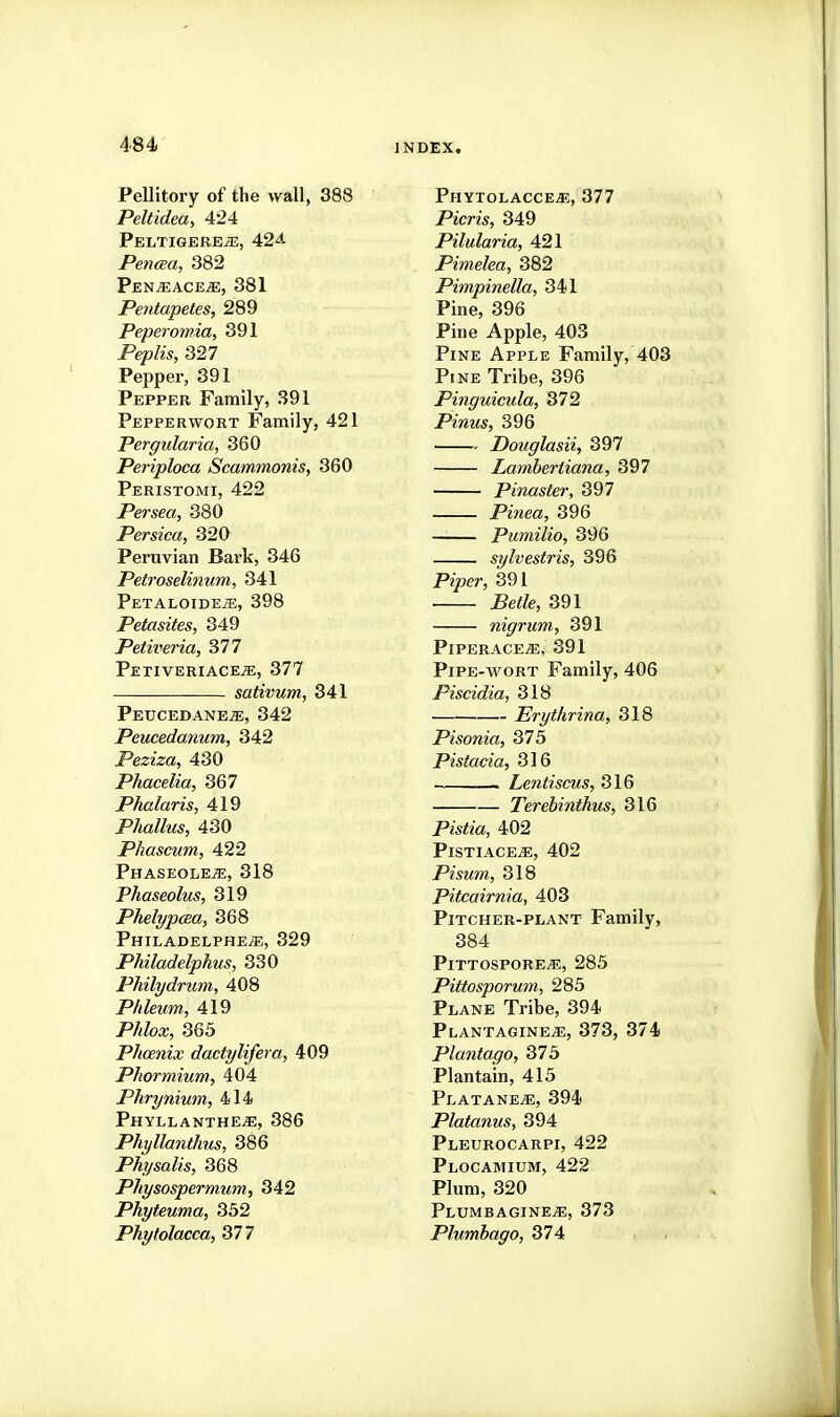 484- Pellitory of the wall, 388 Peltidea, 424 PeltigebejE, 42^ PencBa, 382 PfiN^ACEiE, 381 Pentapeles, 289 Peperomia, 391 Peplis, 327 Pepper, 391 Pepper Family, 391 Pepperwort Family, 421 Pergularia, 360 Periploca Scammonis, 360 Peristomi, 422 Persea, 380 Persica, 320 Peruvian Bark, 346 Petroselinum, 341 PETALOIDEiE, 398 Petasites, 349 Petiveria, 377 Petiveriace^, 377 sativum, 341 PEUCEDANEiE, 342 Peucedanum, 342 Pezzza, 430 Phacelia, 367 Phalaris, 419 Phallus, 430 Phascum, 422 PhaseolEyE, 318 Phaseolus, 319 PhelypcEa, 368 Philadelphe/e, 329 Philadelphus, 330 Philydrum, 408 Phleum, 419 PAfoa;, 365 Phoenix dactylifera, 409 Phormium, 404 Phrynium, 414 Phyllanthe^, 386 Phyllanthus, 386 Physalis, 368 Physospermum, 342 Phyteuma, 352 Phytolacca, 377 PhytolaccejE, 377 Pecrw, 349 Pilularia, 421 Pimelea, 382 Pimpinella, 341 Pine, 396 Pine Apple, 403 Pine Apple Family, 403 Pine Tribe, 396 Pinguicula, 372 Pinus, 396 Douglasii, 397 Lambertiana, 397 Pinaster, 397 Pinea, 396 Pumilio, 396 sylvestris, 396 P?joer, 391 Pe*!/e, 391 nigrum, 391 PiPERACEiE, 391 Pipe-wort Family, 406 Piscidia, 318 Erythrina, 318 Pisonia, 375 Pistacia, 316 Lentiscus, 316 Terebinthus, 316 Pzsifza, 402 PlSTIACE^, 402 Pisum, 318 Pitcairnia, 403 Pitcher-plant Family, 384 Pittospore^, 285 Pittosporum, 285 Plane Tribe, 394 Plantagine;e, 373, 374 Plantago, 375 Plantain, 415 Platane^, 394 Platanus, 394 Pleurocarpi, 422 Plocamium, 422 Plum, 320 Plumbagine^, 373 Plumbago, 374