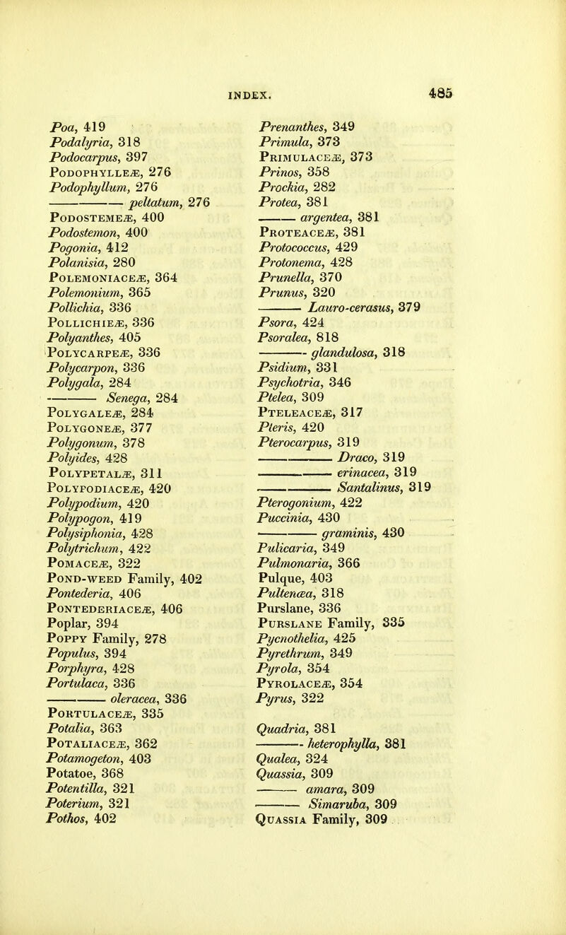 Poa, 419 Podalyria, 318 Podocarpus, 397 PodophyllEjE, 276 Podophyllum, 276 peltatum, 27Q PODOSTEME^, 400 Podostemon, 400 Pogonia, 412 Polanisia, 280 POLEMONIACE^, 364 Polemonium, 365 Pollichia, 336 POLLICHIE^, 336 Polyanthes, 405 PolycarpejE, 336 Polycarpon, 336 Polygala, 284 Senega, 284 PolygalejE, 284 PoLYGONEiE, 377 Polygonum, 378 Polyides, 428 polypetal^, 311 PolyfodiacejE, 420 Polypodium, 420 Polypogon, 419 Polysiphonia, 428 Polytrichum, 422 Pomaces, 322 Pond-weed Family, 402 Pontederia, 406 PoNTEDERIACEiE, 406 Poplar, 394 Poppy Family, 278 Populus, 394 Porphyra, 428 Portulaca, 336 oleracea, 336 PORTULACE^, 335 Potalia, 363 PoTALIACEiE, 362 Potamogeton, 403 Potatoe, 368 Potentilla, 321 Poterium, 321 Po^Aos, 402 Prenanthes, 349 Primula, 373 PRIMULACEiE, 373 Prims, 358 Prockia, 282 Profea, 381 argentea, 381 Proteace^, 381 Protococcus, 429 Protonema, 428 Prunella, 370 Prunus, 320 ■ Lauro-cerasus, 379 Psora, 424 Psoralea, 818 glandulosa, 318 Psidium, 331 Psychotria, 346 Pfe/ea, 309 PTELEACEiE, 317 Ptew, 420 Pterocarpus, 319 Z>raco, 319 erinacea, 319 Santalinus, 319 Pterogonium, 422 Puccinia, 430 ■ graminis, 430 Pulicaria, 349 Pulmonaria, 366 Pulque, 403 Pultenma, 318 Purslane, 336 Purslane Family, 335 Pycnothelia, 425 Pyrethrum, 349 P^ro^oi, 354 Pyrolace^, 354 P?/rM5, 322 Quadria, 381 heterophylla, 381 Qualea, 324 Quassia, 309 amara, 309 Simaruba, 309 Quassia Family, 309