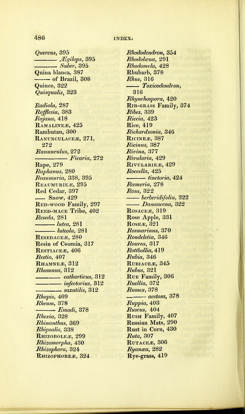 Quercus, 395 JEffilops, 395 Suber, 395 Quina blanca, 387 of Brazil, 308 Quince, 322 Quisqualis, 323 Radiola, 287 JRafflesia, 383 Hajana, 418 RAMALINEiE, 425 Rambutan, 300 Ranunculace^, 271, 272 Hanunculus, 272 Ficaria, 272 Rape, 279 Raphanus, 280 Heaumuria, 338, 395 ReaumuriejE, 295 Red Cedar, 397 Snow, 429 Red-wood Family, 297 Reed-mace Tribe, 402 Reseda, 281 — lutea, 281 ——— luteola, 281 Resedace^, 280 Resin of Coumia, 317 Restiace^e, 406 Restio, 407 Rhamne^, 312 Rhamnus, 312 catharticus, 312 infectorius, 312 saxatilis, 312 RJiapis, 409 Rheum, 378 Emodi, 378 Rhexia, 328 Rhinanthus, 369 Rhipsalis, 338 RhizobolejE, 299 Rhizomorpha, 430 Rhizophora, 324 Rhizophore^, 324 Rhododendron, 354 RhodolcEua, 291 Rhodomela, 428 Rhubarb, 378 i2^MS, 316 Toxicodendron, 316 Rhynchospora, 420 Rib-grass Family, 374 J?t5e*, 339 Riccia, 423 Rice, 419 Richardsonia, 346 Ricine^, 387 Ricinus, 387 Rivina, 377 Rivularia, 429 RlVULARIE^, 429 Roccella, 425 ■ tinctoria, 424 Rcemeria, 278 jRosa, 322 berberidifolia, 322 Damascena, 322 RosacejE, 319 Rose Apple, 331 RosE^, 321 Rosmarinus, 370 Rondeletia, 346 Rourea, 317 Rottbollia, 419 Rubia, 346 RubiacejE, 345 jRm5ms, 321 Rue Family, 306 Ruellia, 372 Rumex, 378 — acetosa, 378 Ruppia, 403 Ruscus, 404 Rush Family, 407 Russian Mats, 290 Rust in Corn, 430 jRwto, 307 RuTACE^, 306 Ryancea, 282 Rye-grass, 419